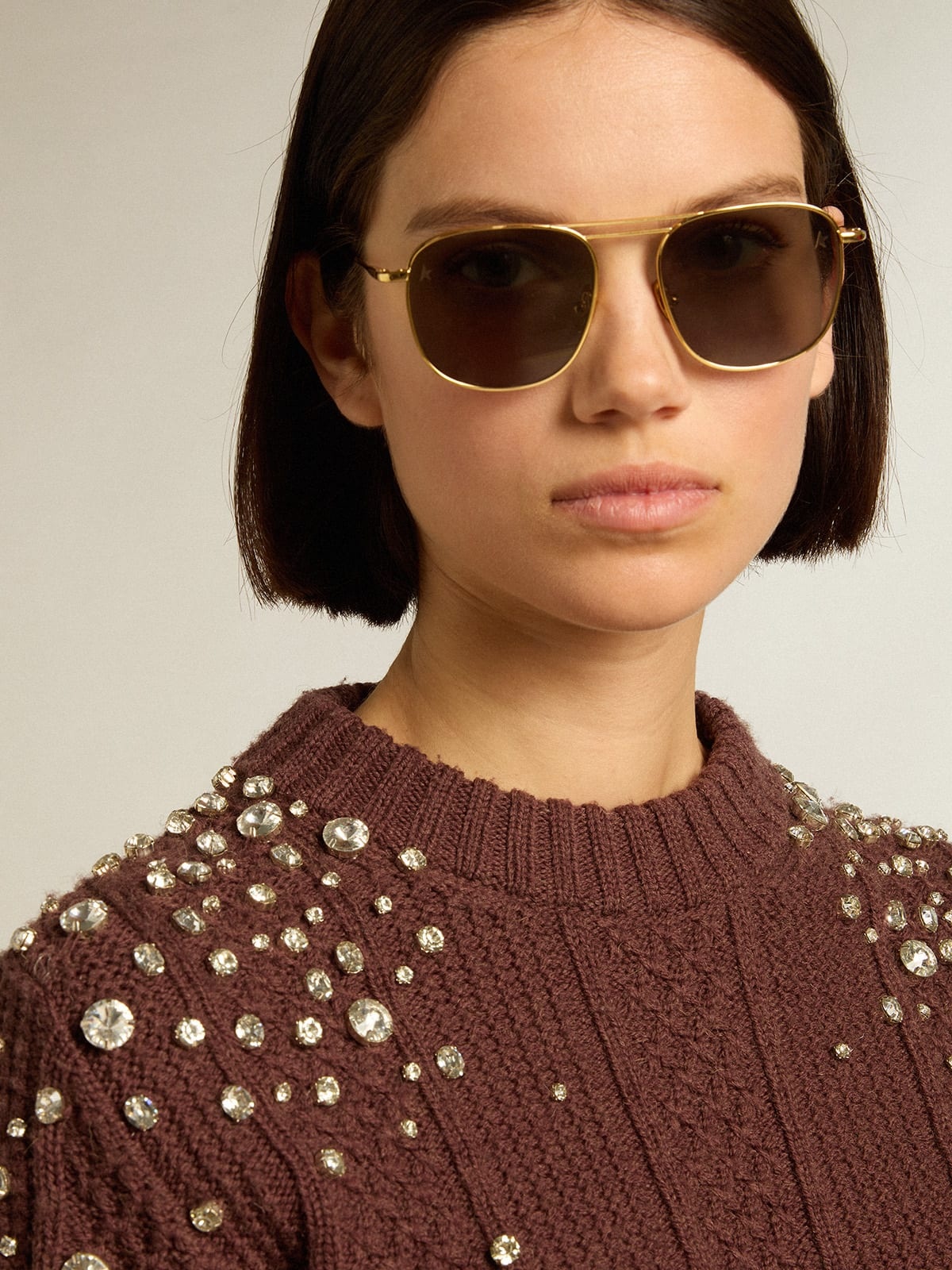 Cropped sweater in burgundy wool with crystals - 5