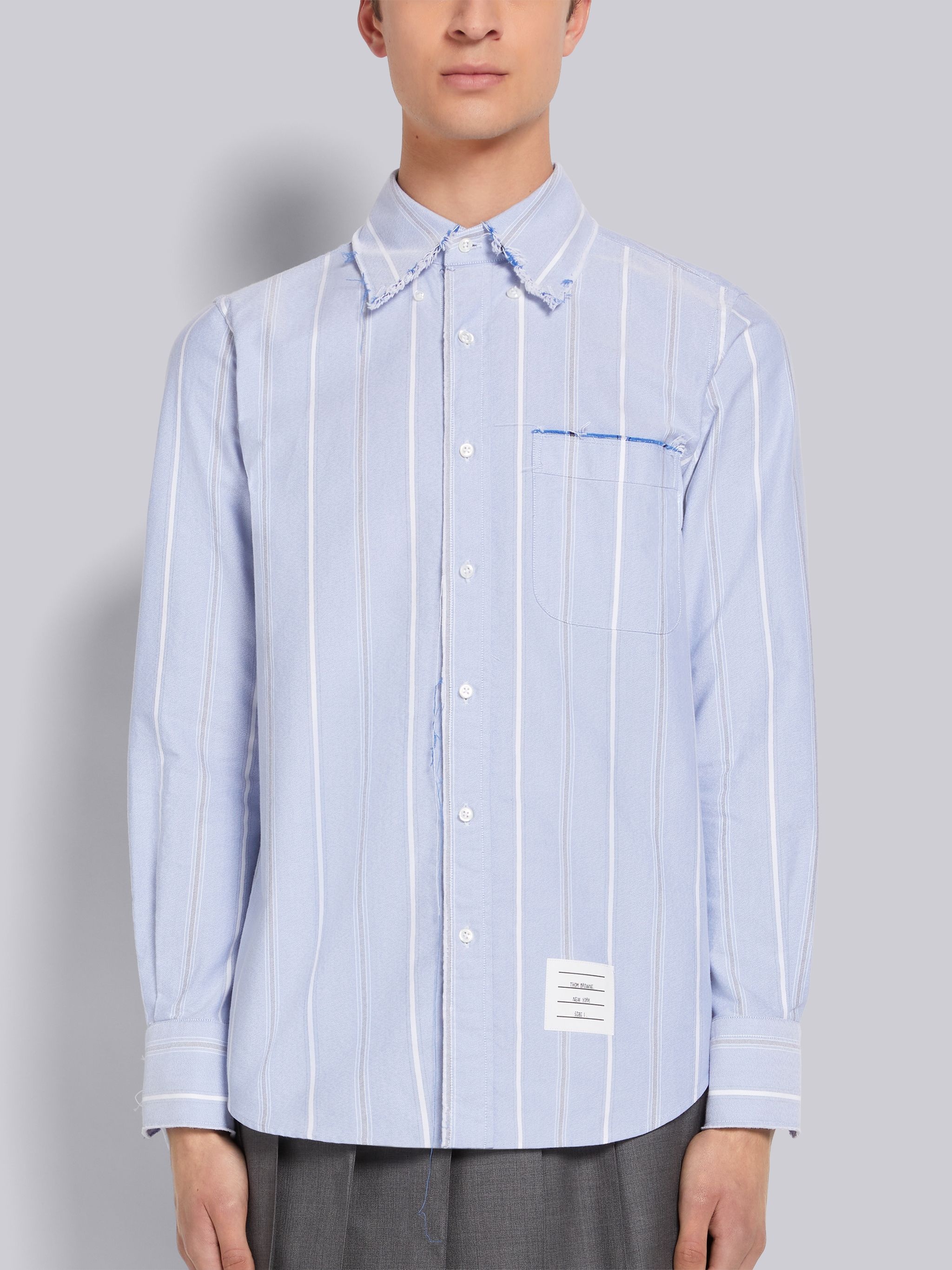 Blue Stripe Oxford Stripe Fray Edge Straight Fit Shirt - 3