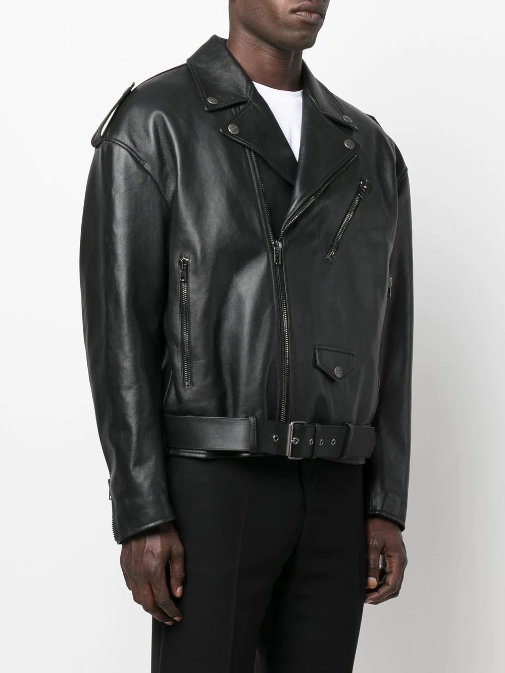 notched-lapels zip-pockets leather jacket - 4