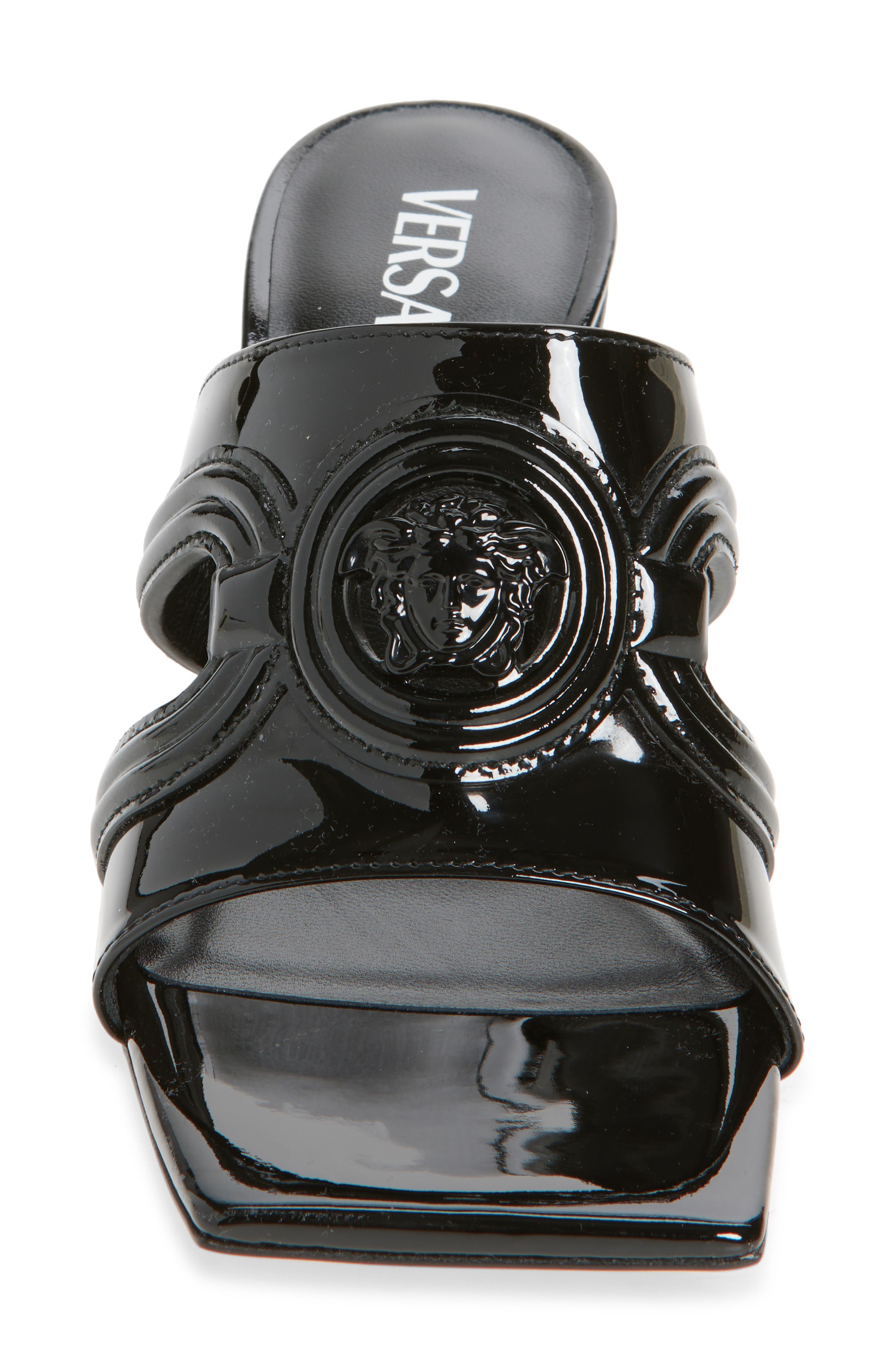 Versace Medusa 95 Peep Toe Sandal in Black Versace Gold at Nordstrom - 4