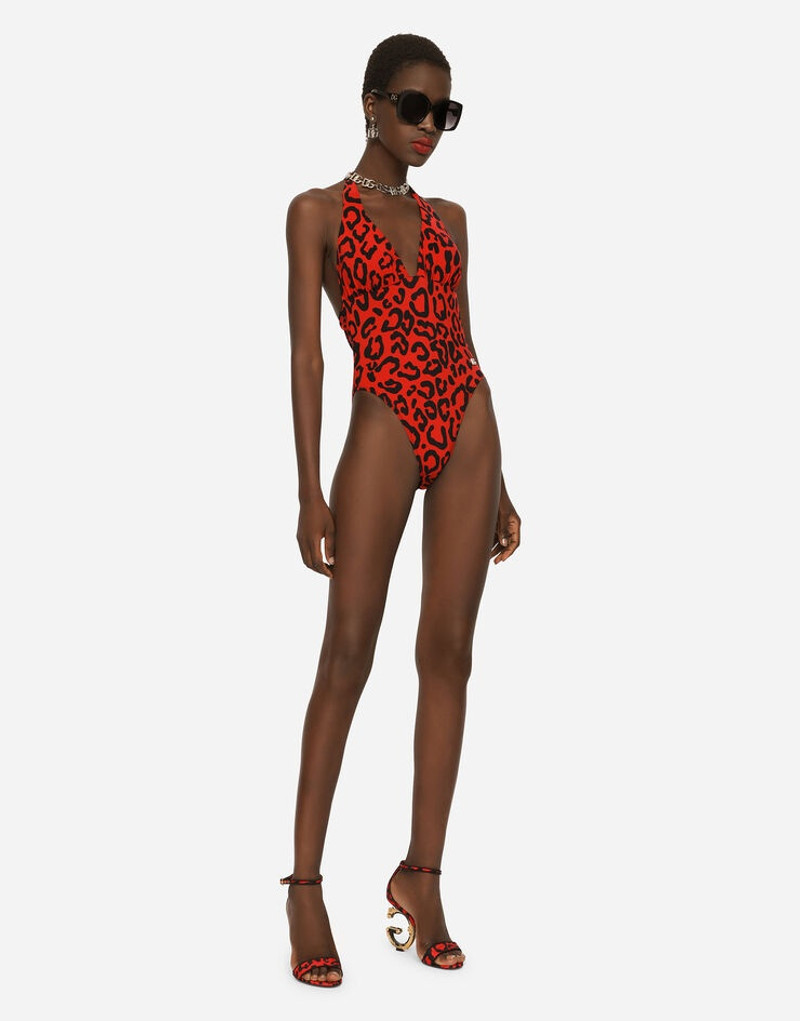 Leopard-print one-piece swimsuit with plunging neckline 2