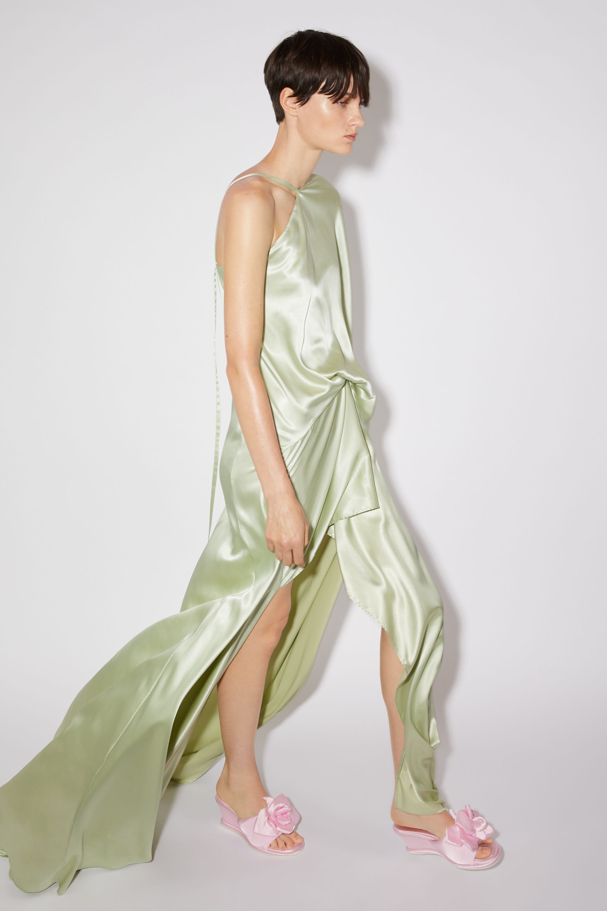Asymmetric satin dress - Mint green - 4