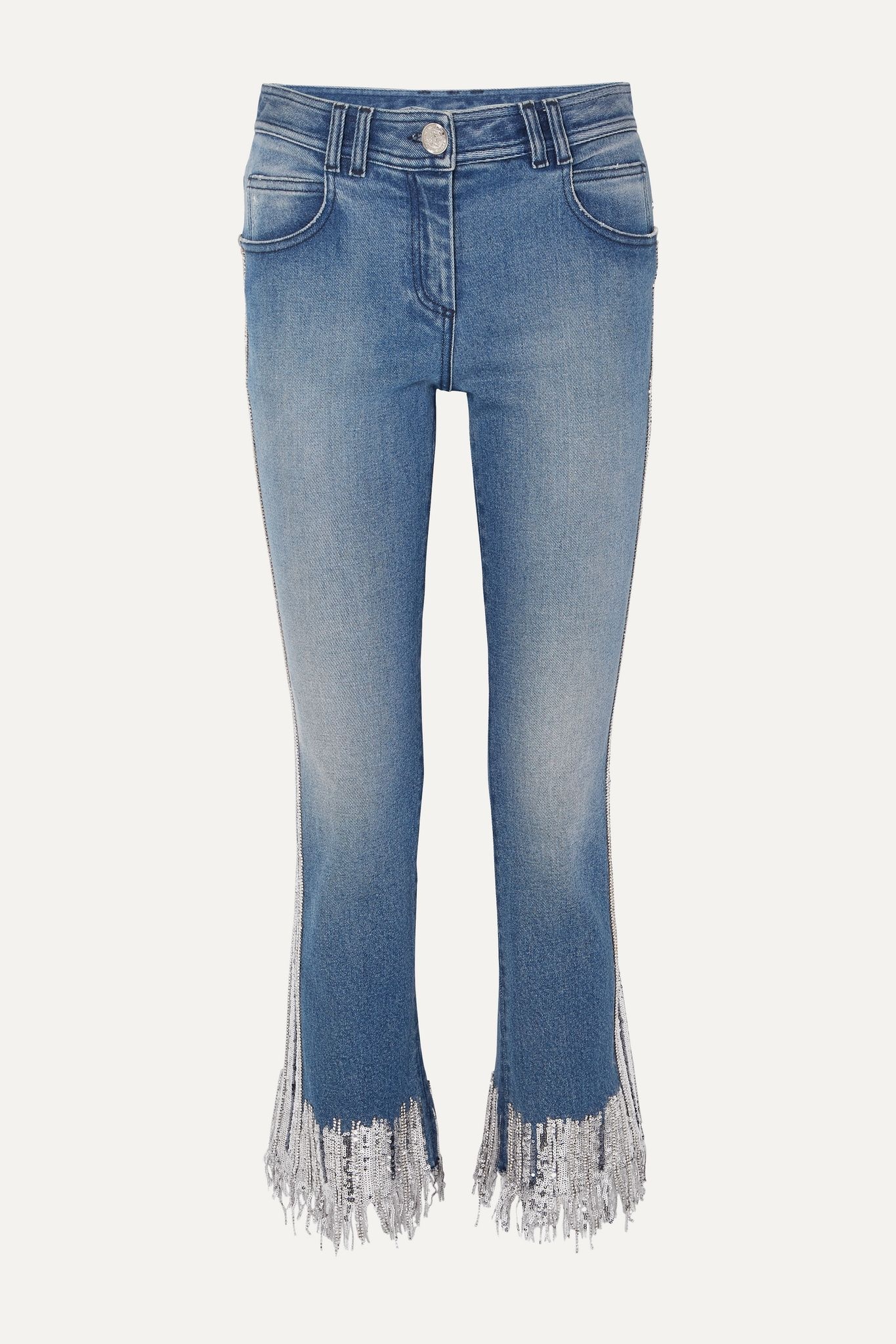 Fringed embellished mid-rise straight-leg jeans - 1