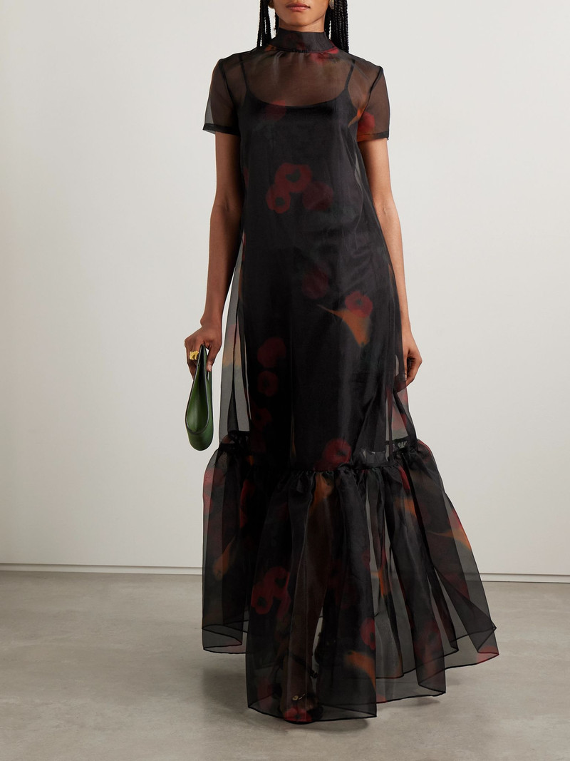 STAUD Calluna tie-neck tiered printed organza maxi dress Black outlook