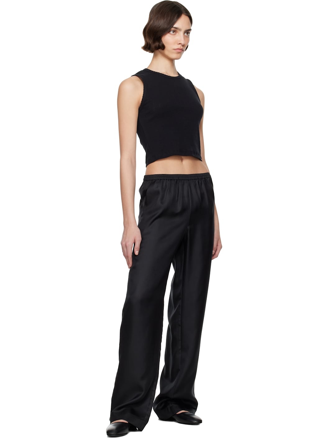Black Pointelle Sleeveless Crew Tank Top - 4