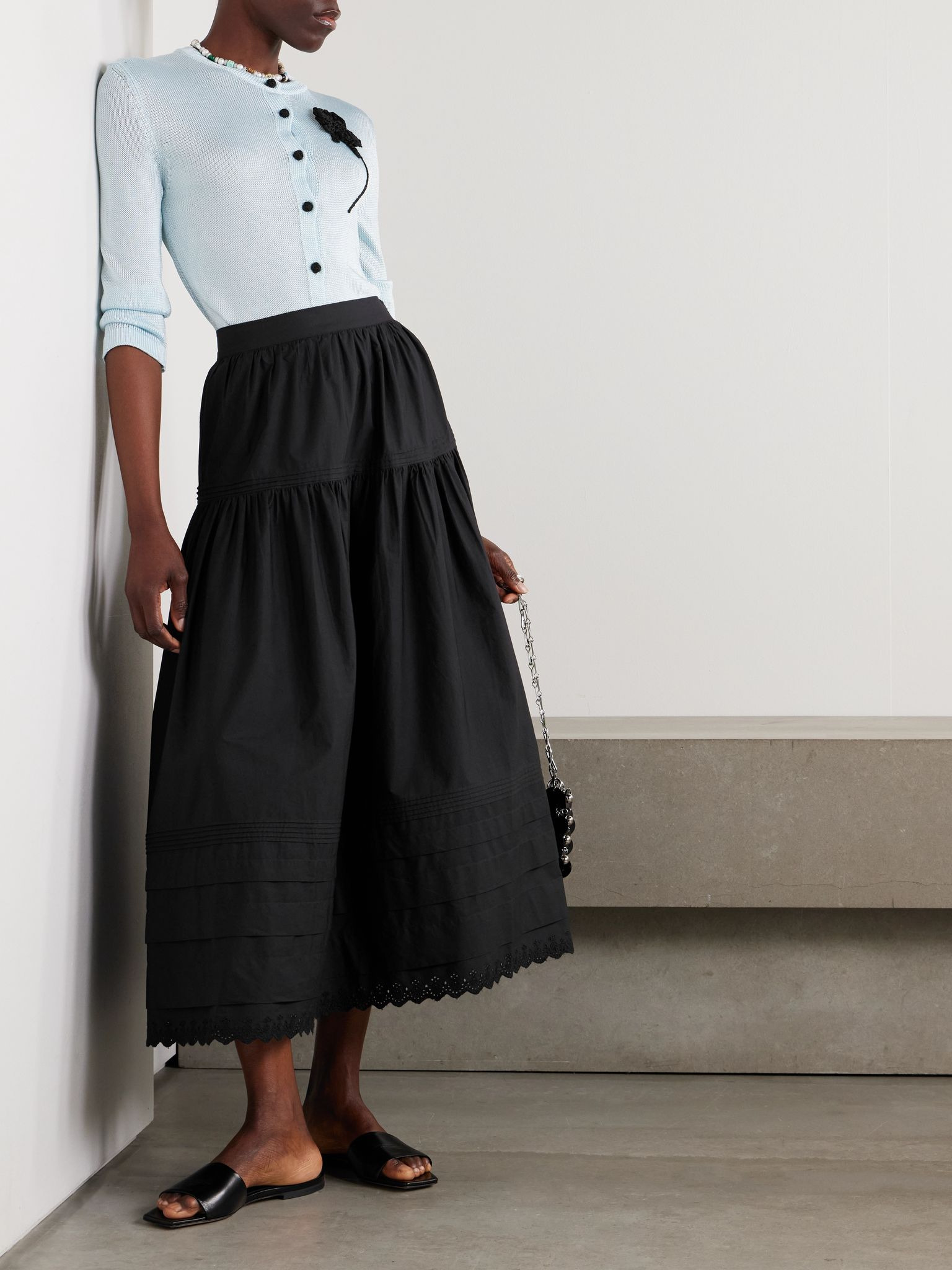 Sebastiane crochet-trimmed organic cotton-poplin midi skirt Black - 2