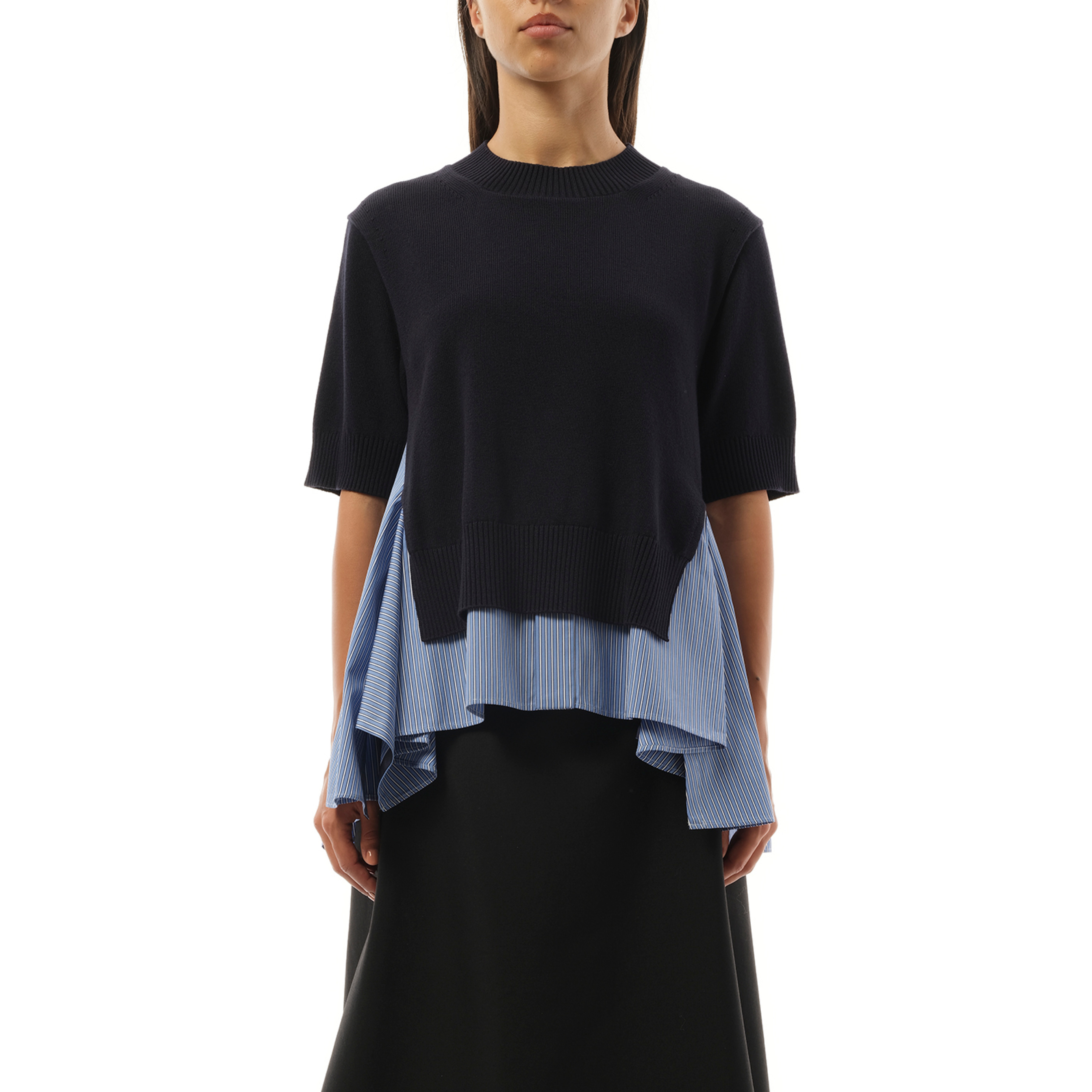 sacai Cotton Poplin x Knit Pullover in Navy/Blue Stripe