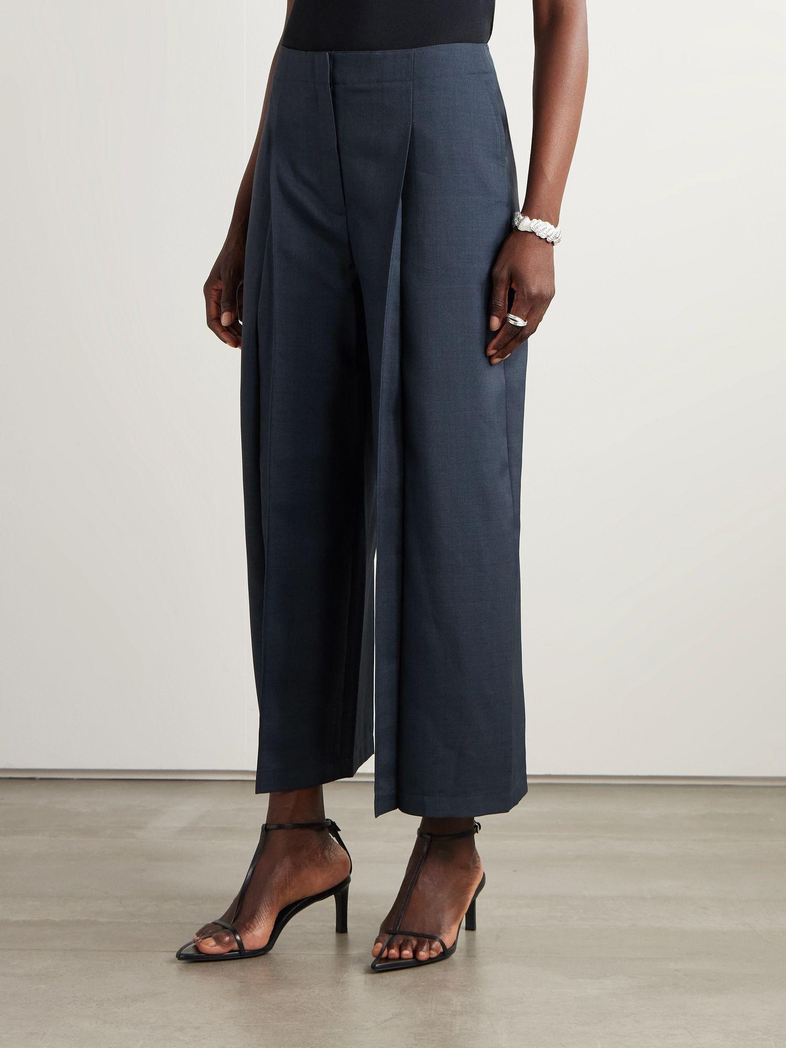Cropped pleated cotton-twill wide-leg pants Navy - 3