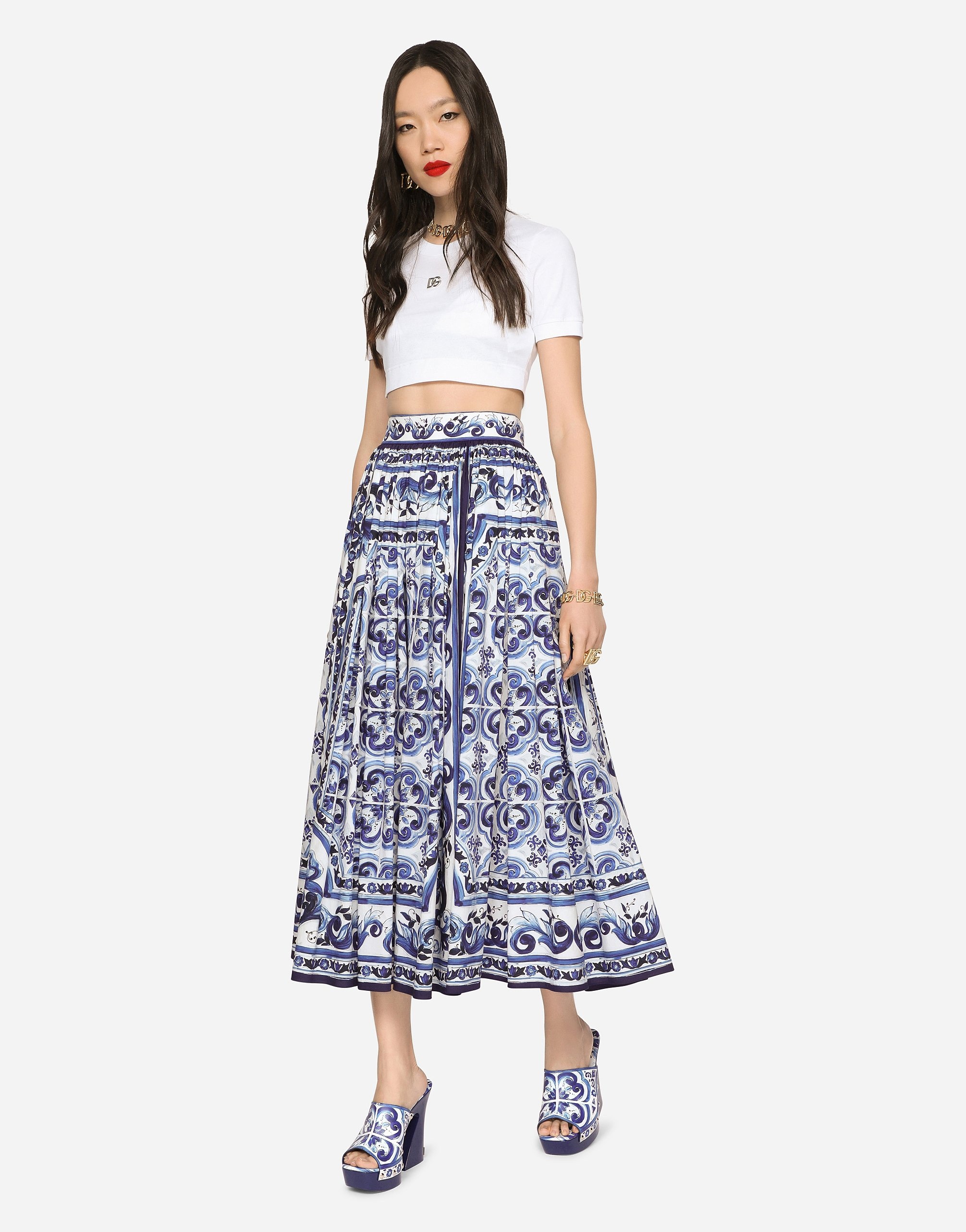 Majolica-print poplin calf-length skirt - 2