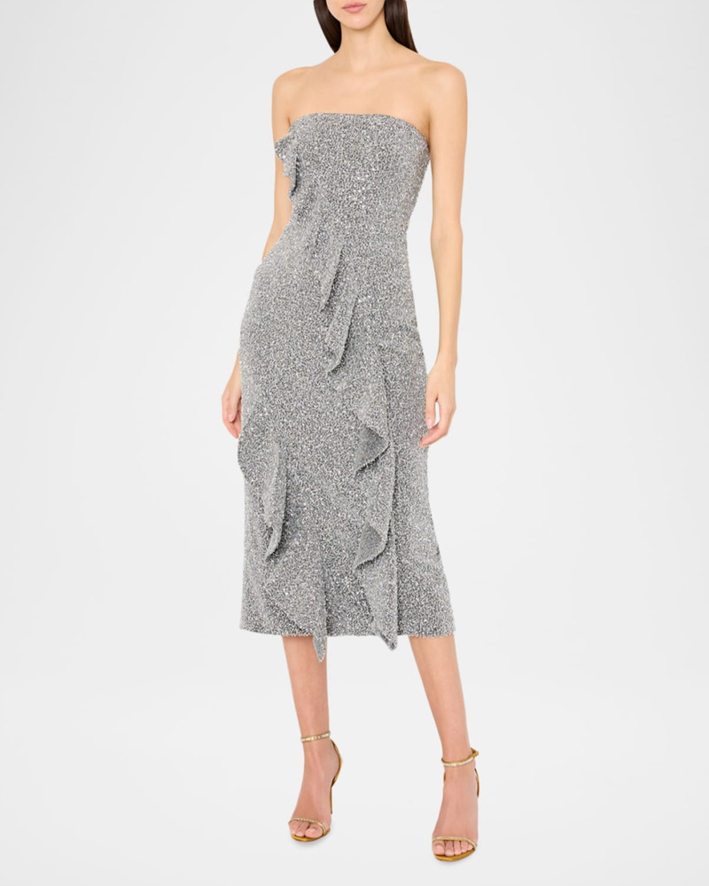 MILLY Katy Strapless Ruffle Sequin Midi Dress outlook