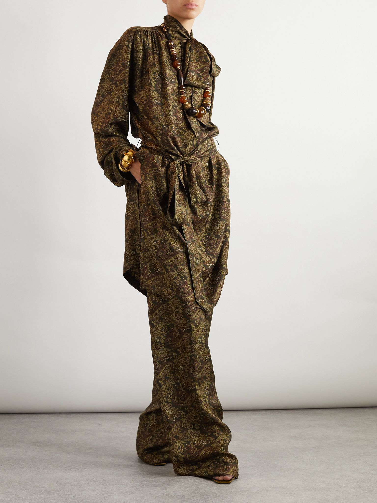 Paisley-print silk-twill wide-leg pants Brown - 2