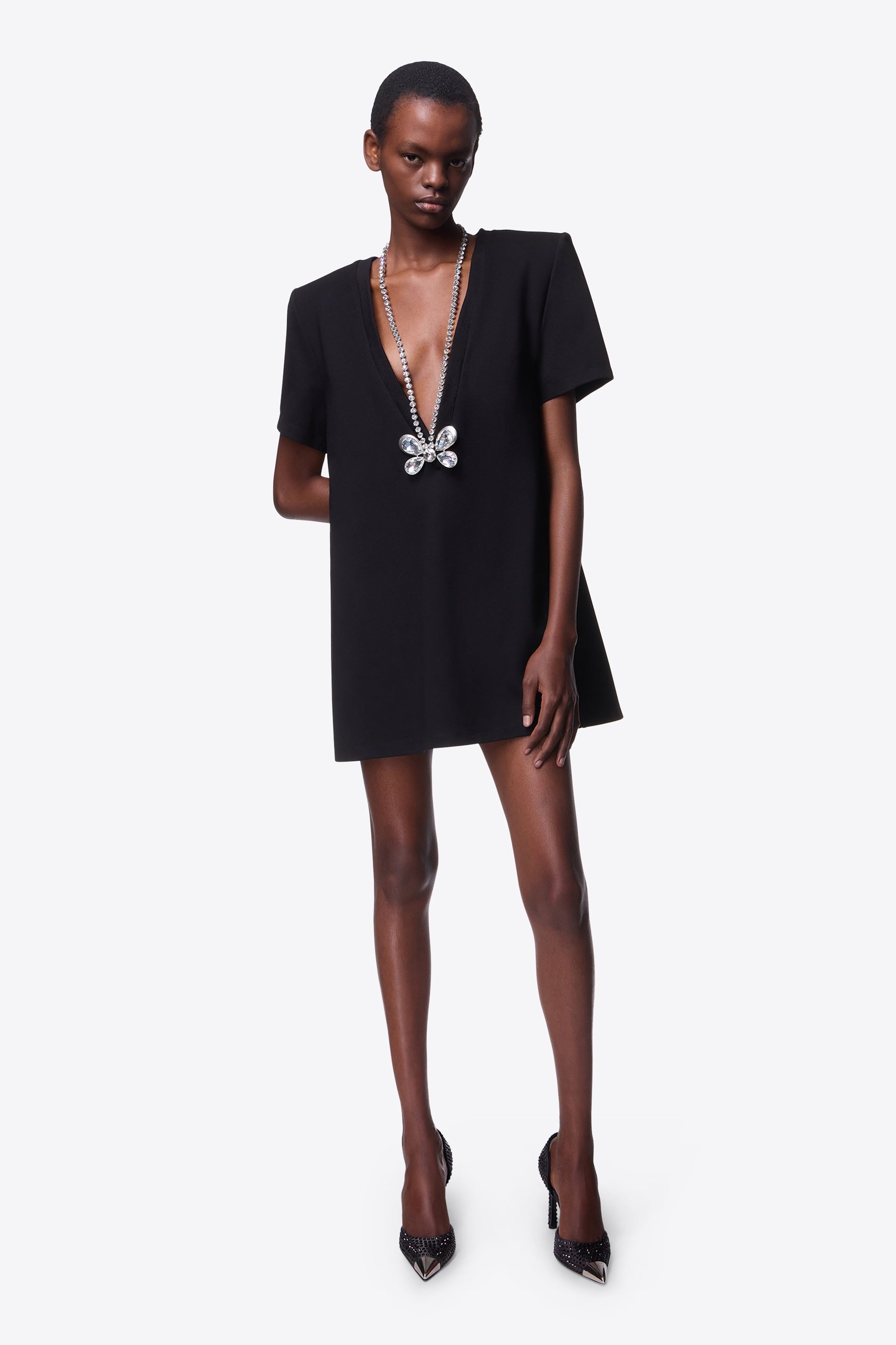 CRYSTAL BUTTERFLY V-NECK T-SHIRT DRESS - 4