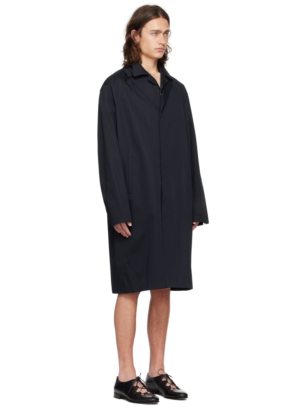Black Notched Lapel Trench Coat - 2