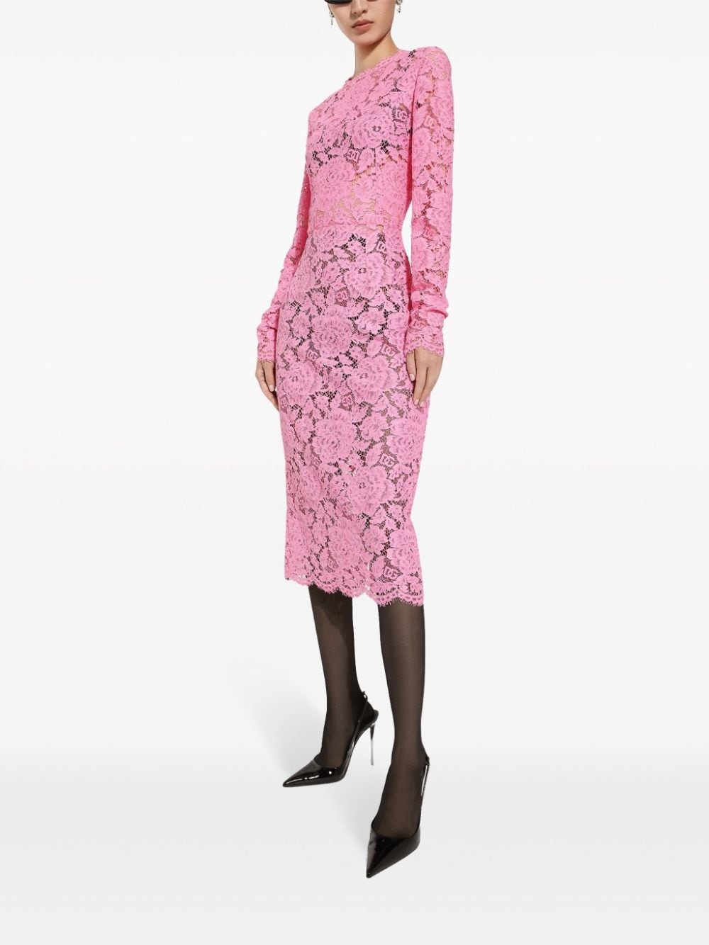 floral-lace long-sleeve midi dress - 2