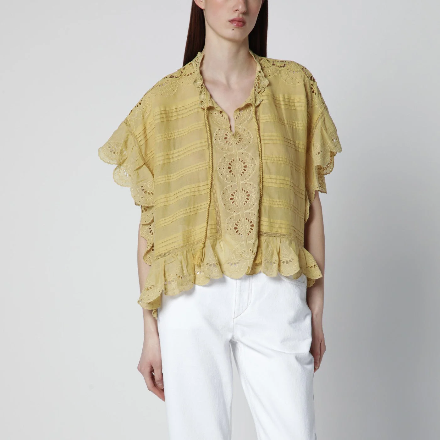 Ochre Payton cotton blouse with floral lace - 1