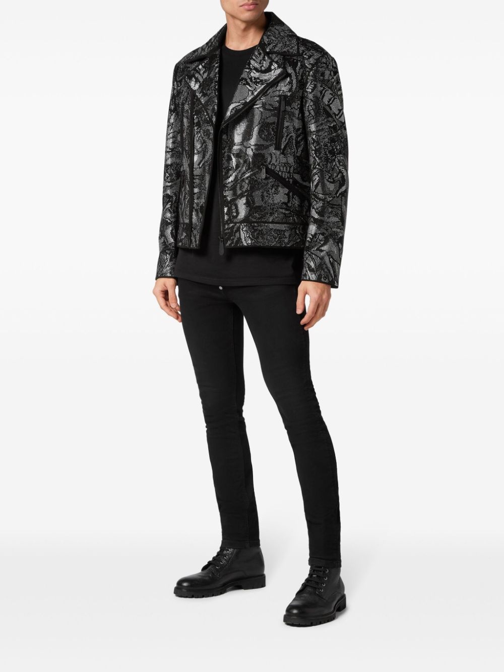 tattoo-print biker jacket - 2