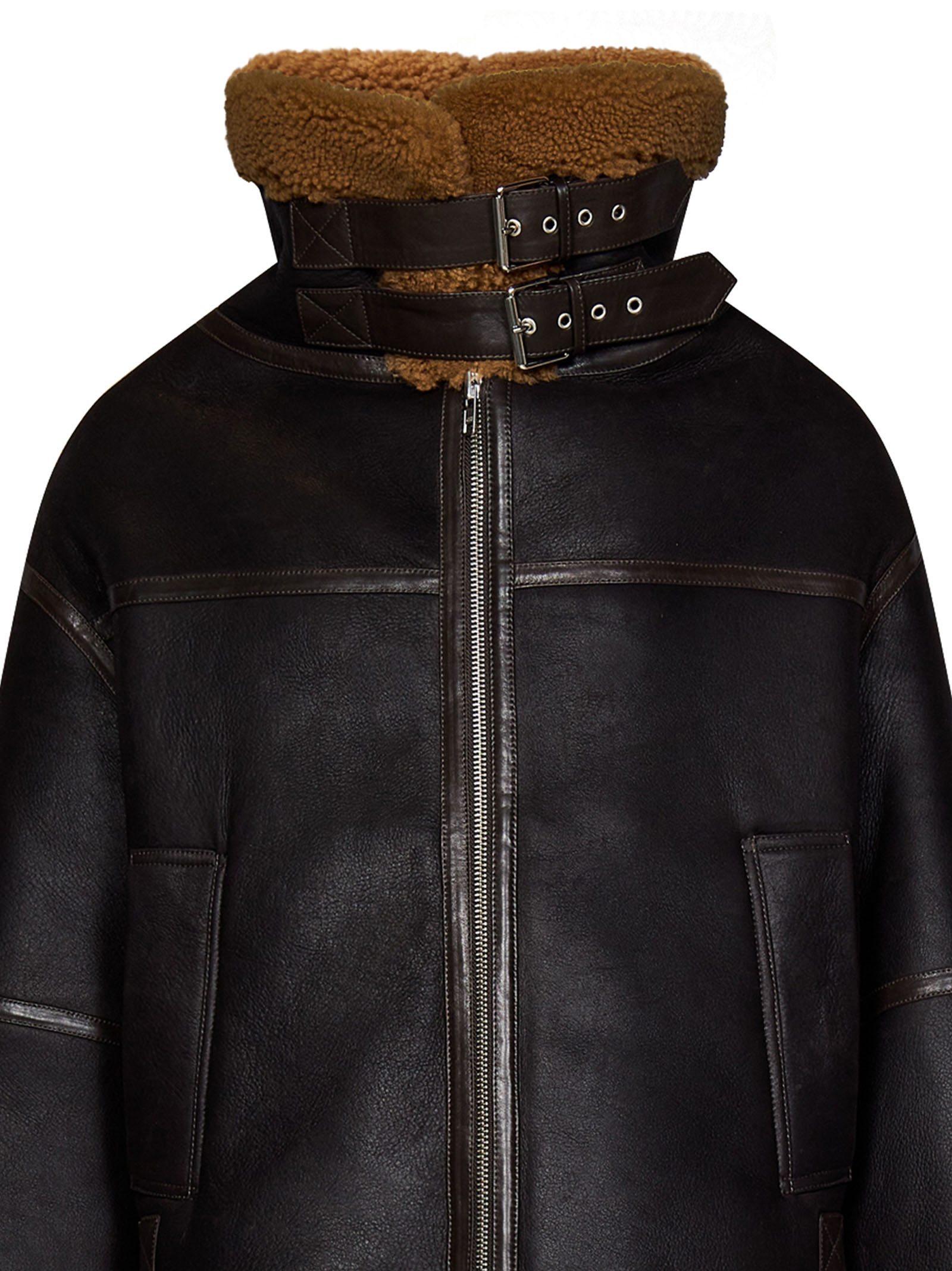 Dark brown leather jacket with brown shearling hem, collar and cuffs. - 3