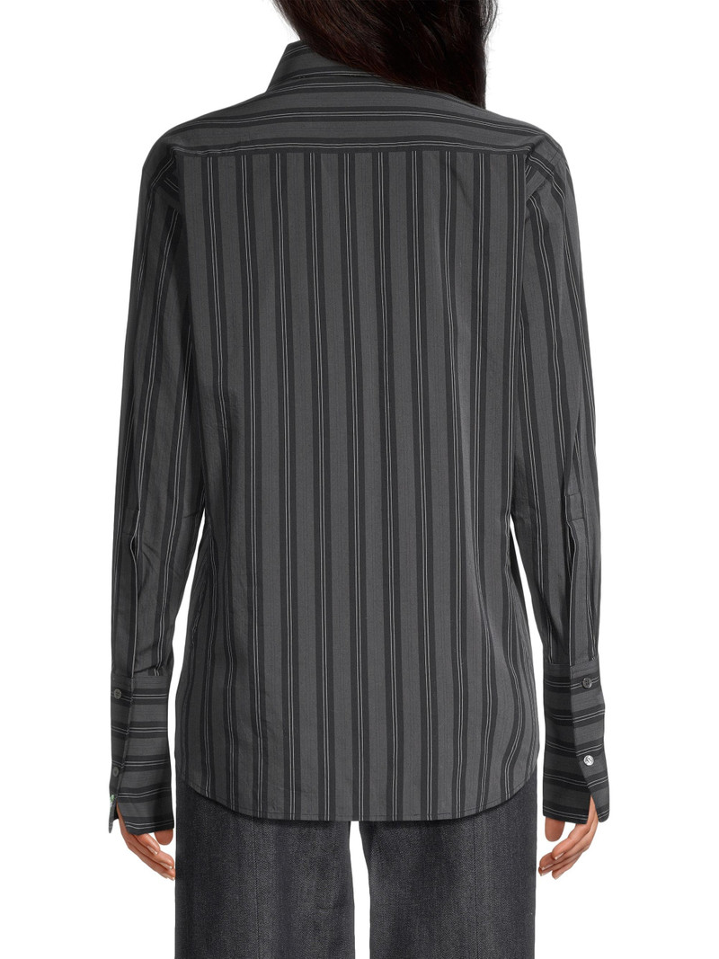 Women's Striped Long-Cuff Button-Up Shirt - Navy Blue 5