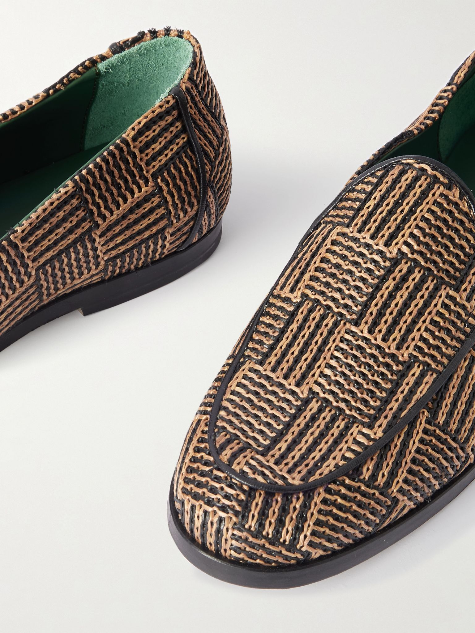 Belgee Leather-Trimmed Checked Raffia Loafers Brown - 5