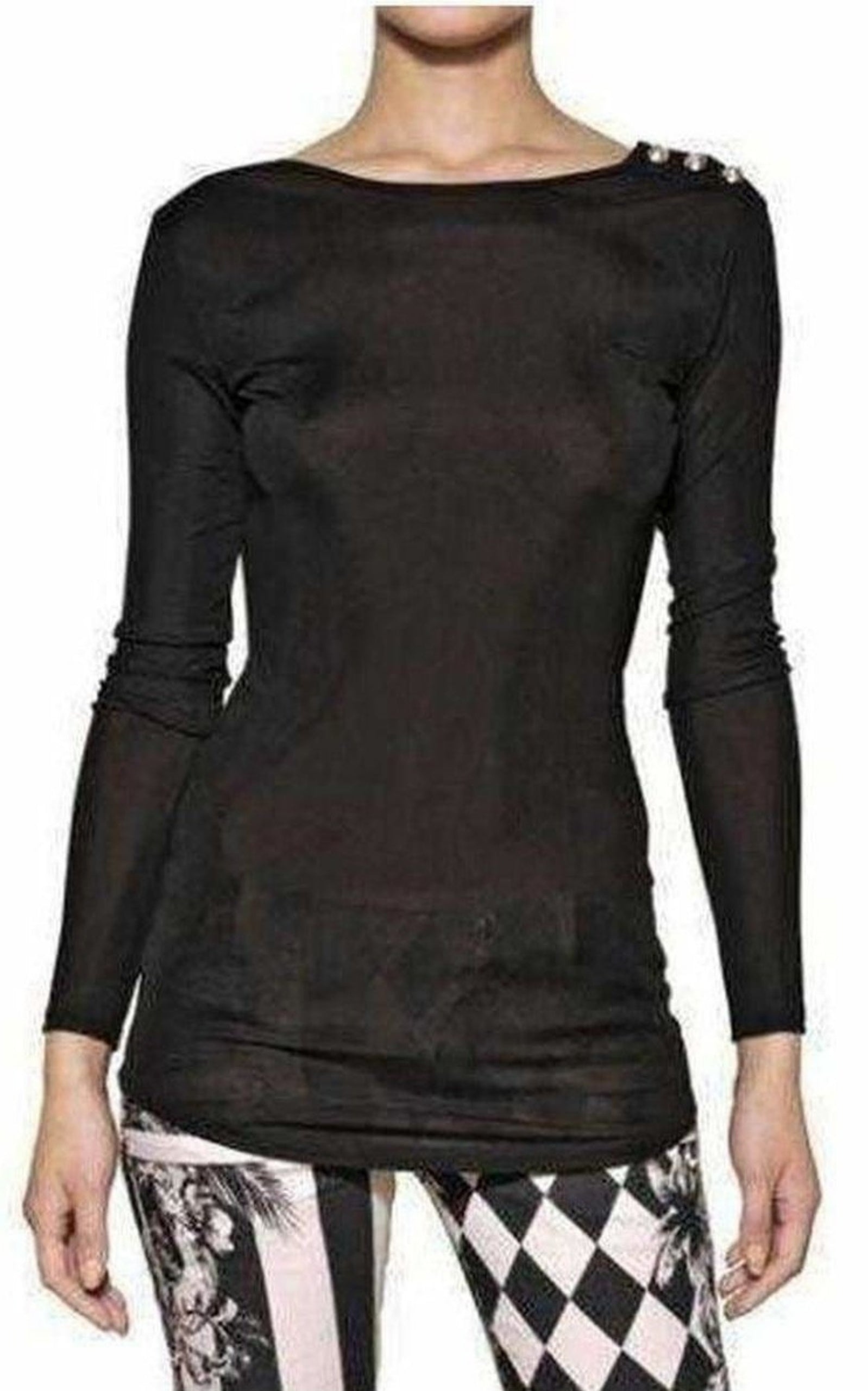 Black Long Sleeve Open Back Cotton Blend Top - 2