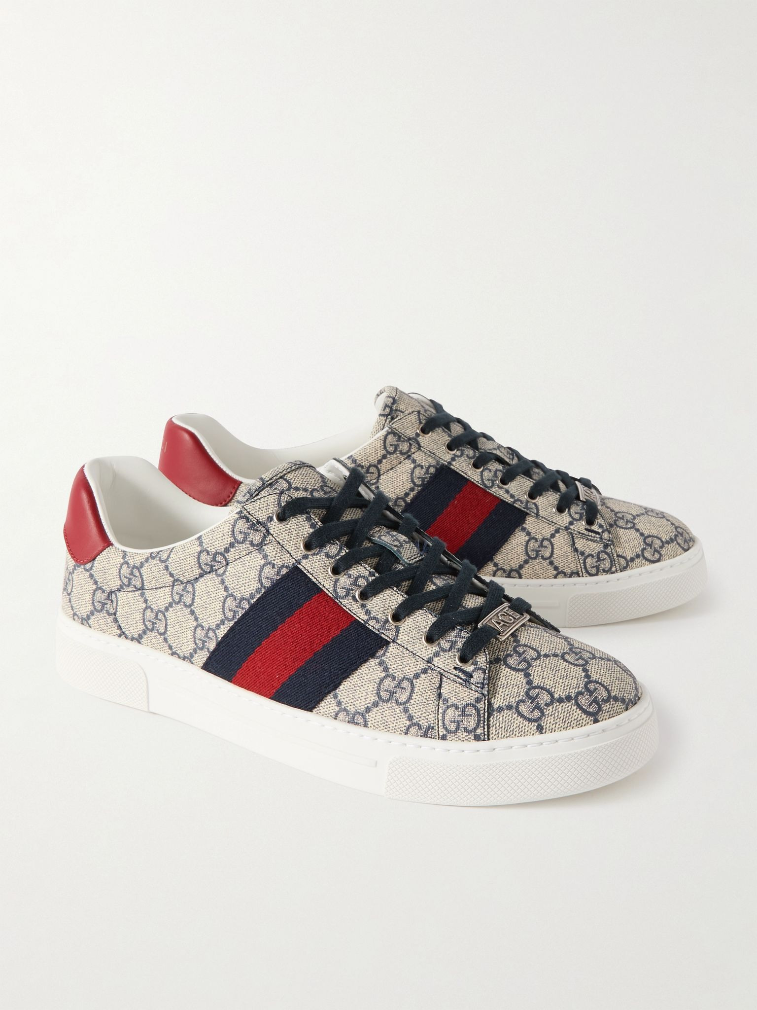 Ace Leather and Webbing-Trimmed Monogrammed Canvas Sneakers Beige - 4