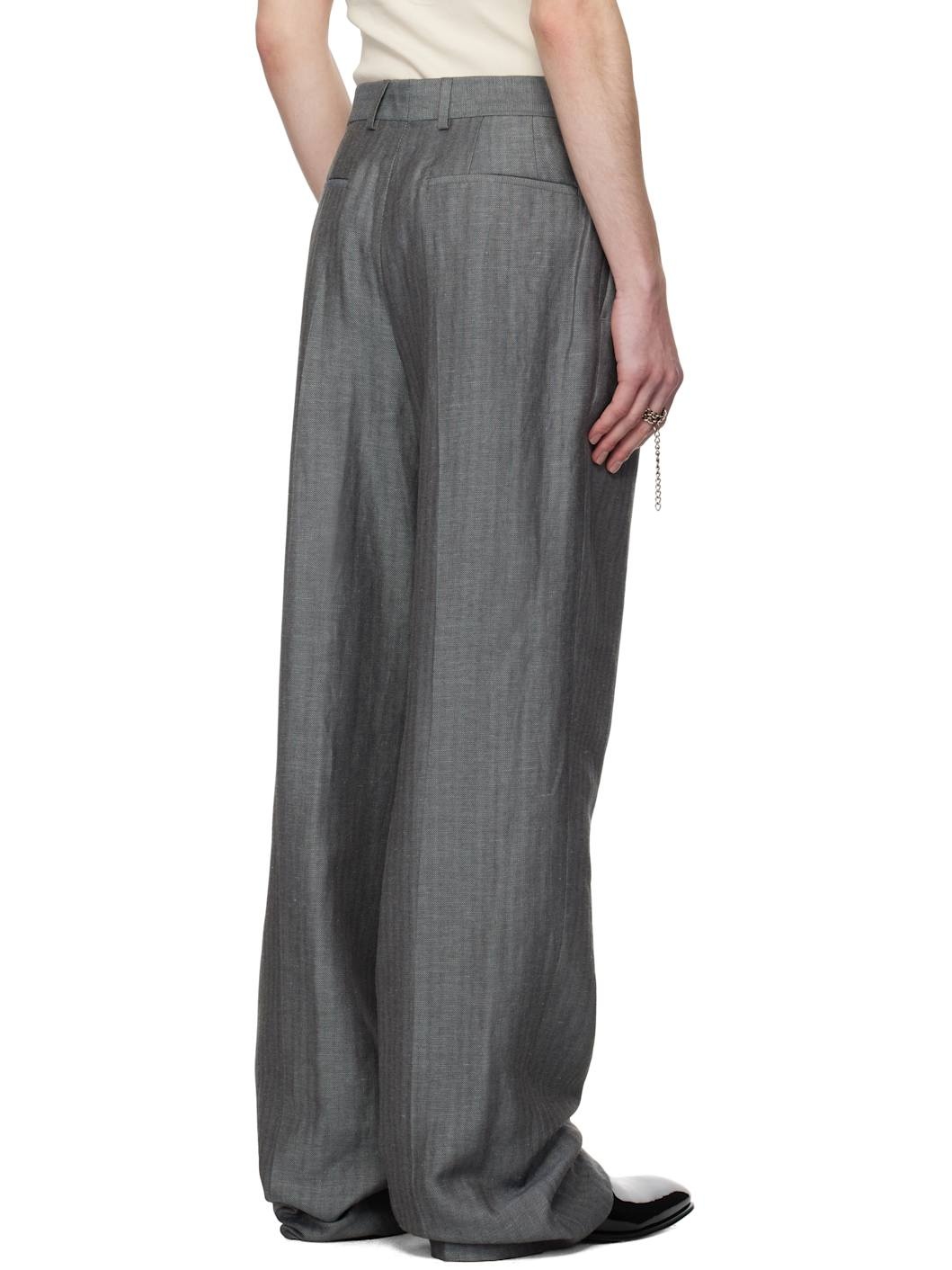 Gray Linen Straight Trousers - 3