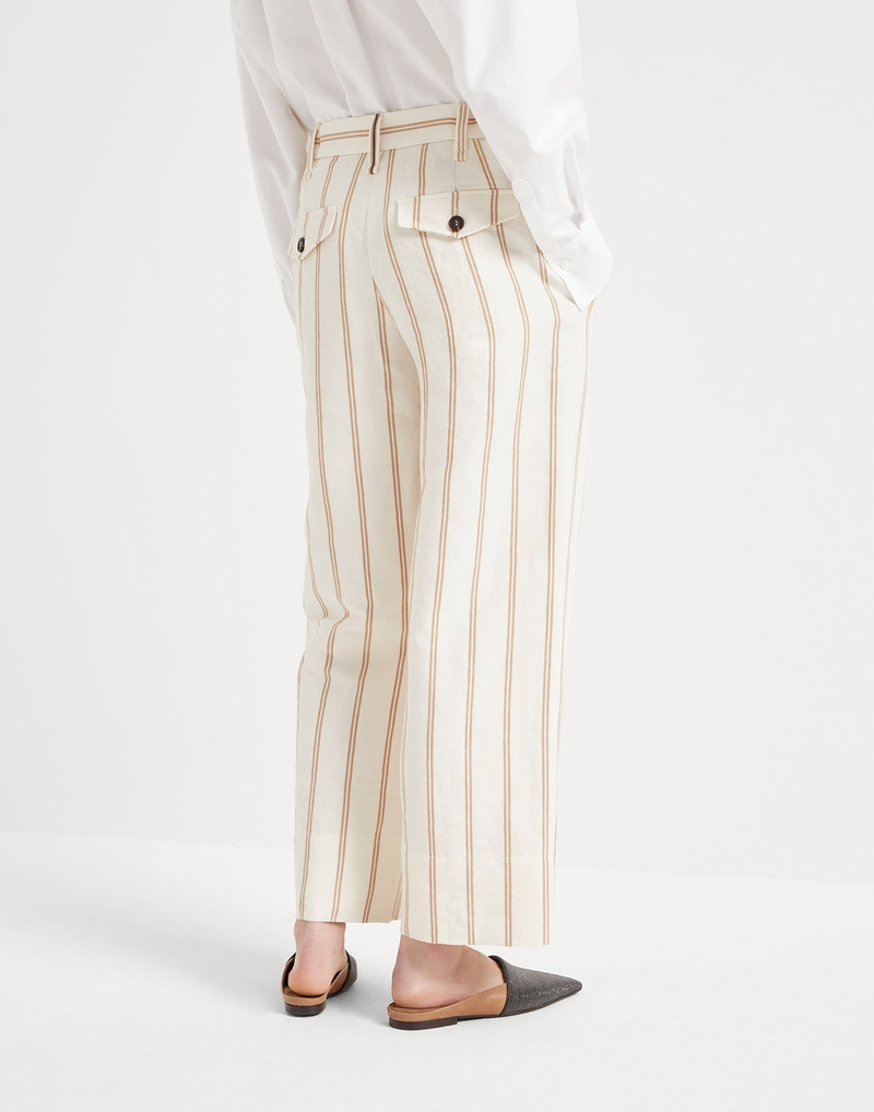 Brunello Cucinelli Linen and cotton regimental stripe panama cropped chino trousers with monili outlook