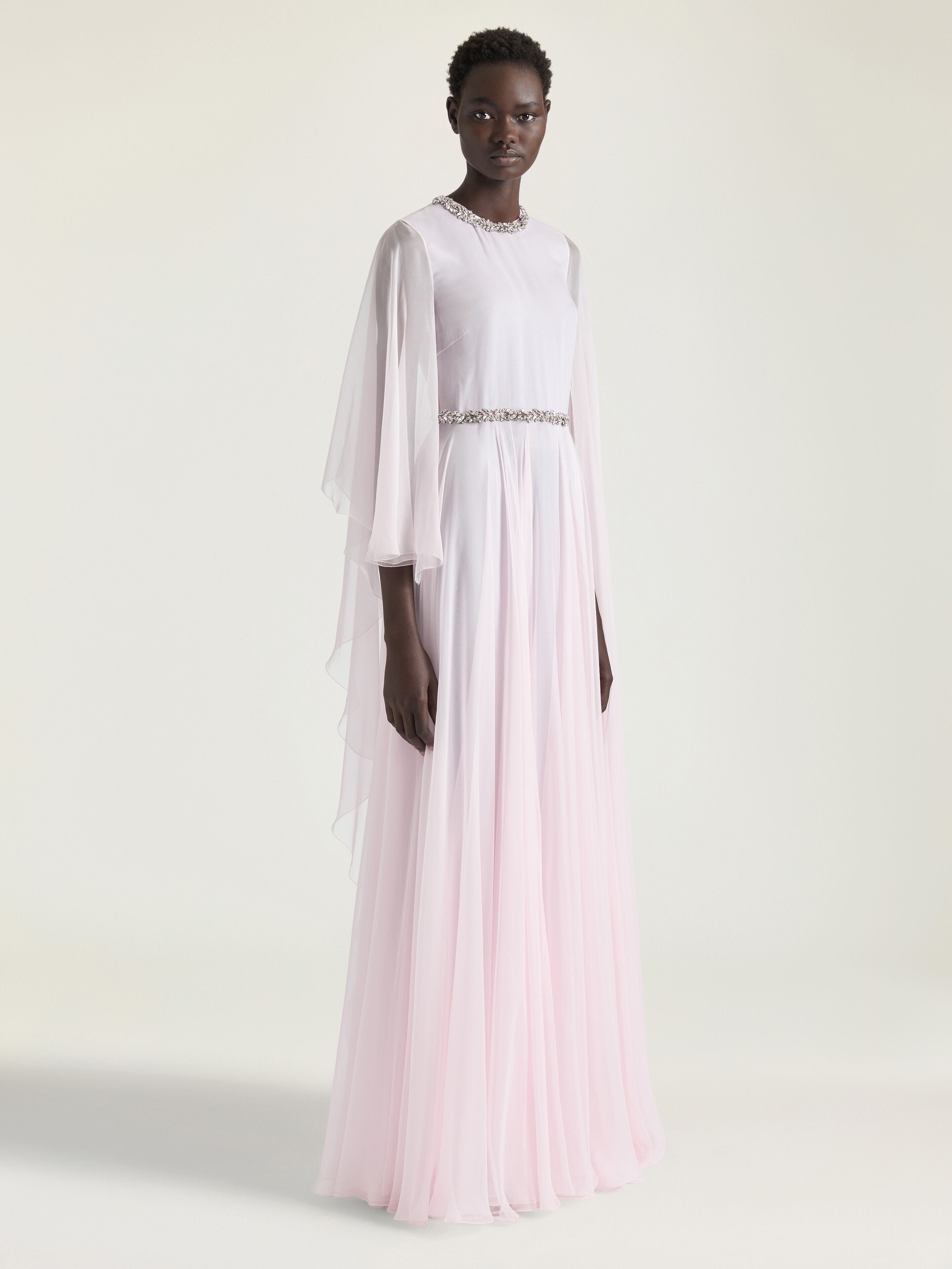 DRAPED EVENING DRESS IN CHIFFON WITH CRYSTALS AND CAPE - 3