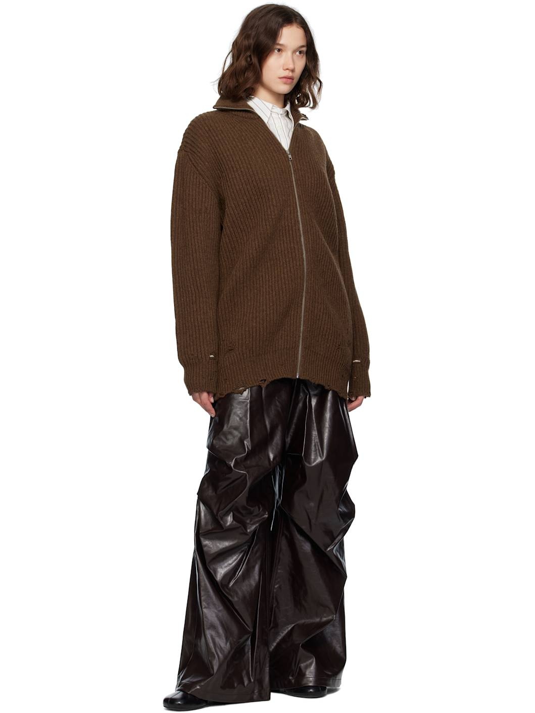 Burgundy Draped Faux-Leather Trousers - 4