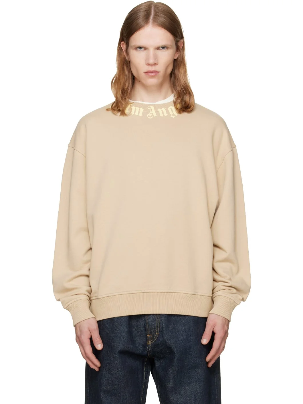 Beige Neck Logo Regular Crew Sweatshirt - 1