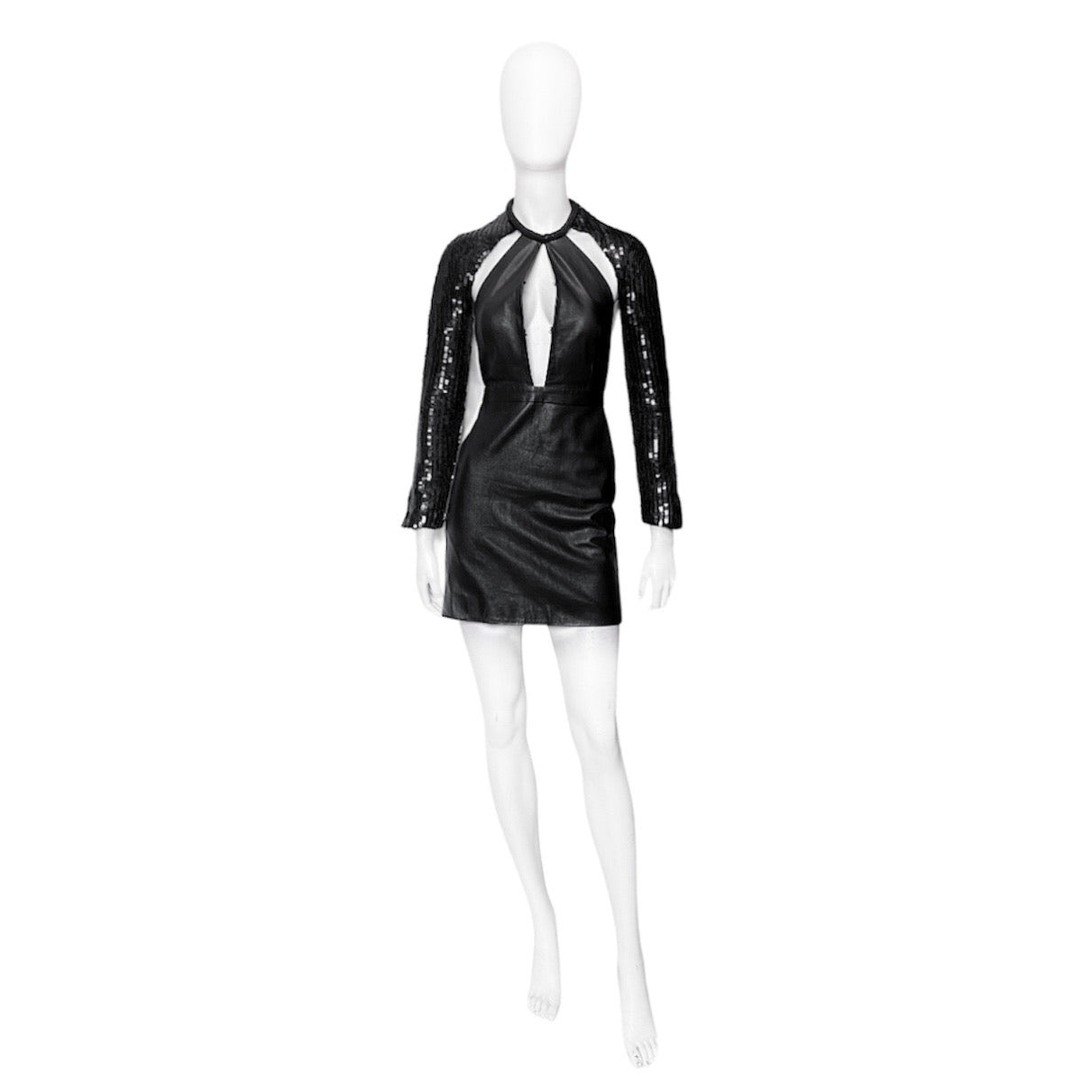 Saint Laurent Paris 2013 Hedi Beaded Collar Sequenced Sleeves Cut Out Backless Leather Dress - 7