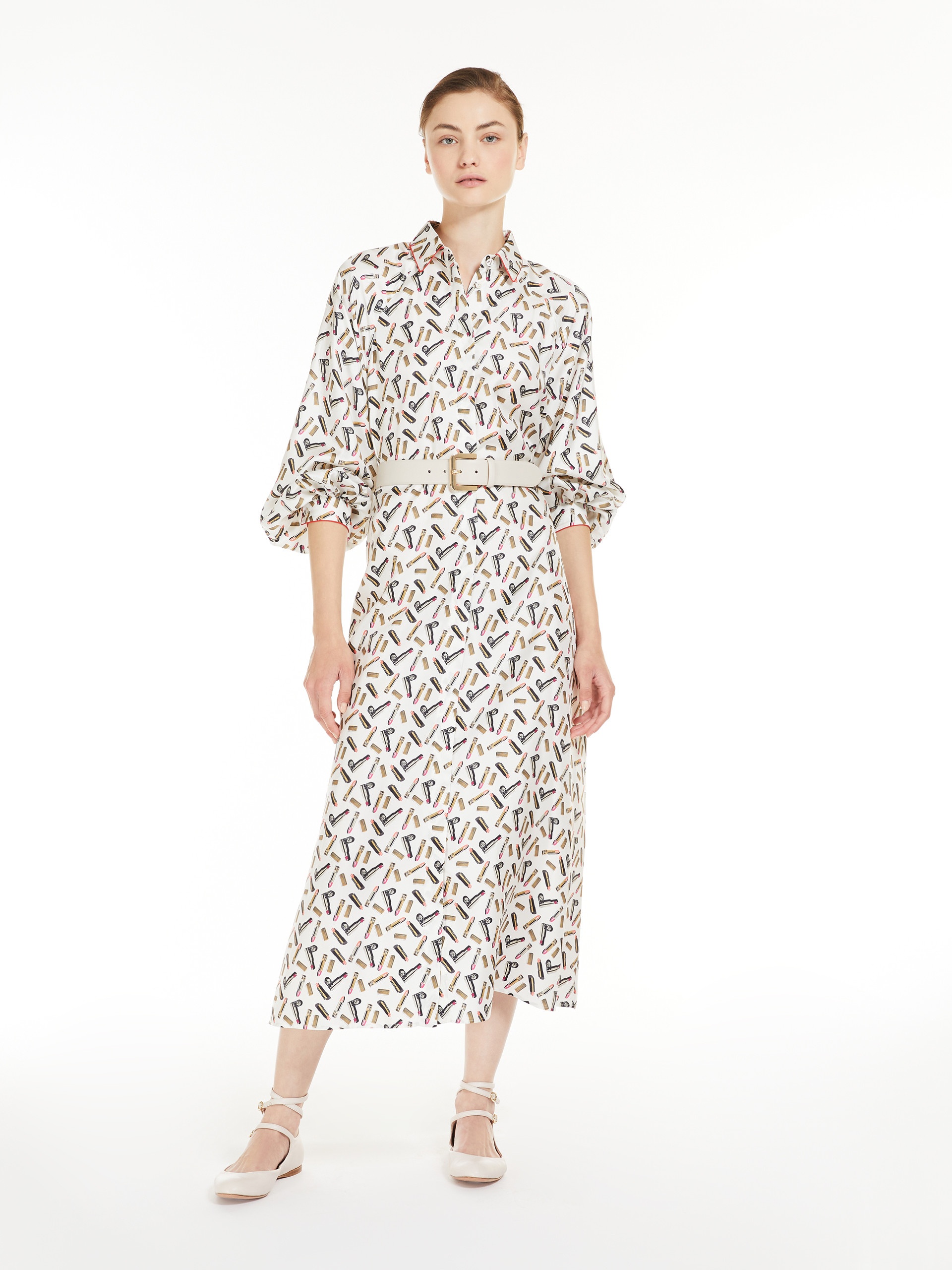 【関税＆送料込み】Max Mara Printed Silk Shirt Dress Printed silk T-shirt dress, beige | Weekend Max Mara