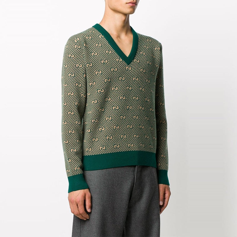 Gucci SS21 Printed Alphabet Pattern V-Neck Sweater For Men Green 626643-XKBFZ-3119 - 3