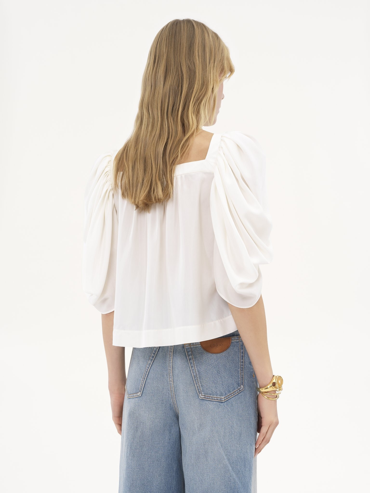PUFF-SLEEVE PLEATED TOP IN SILK POPLIN - 5