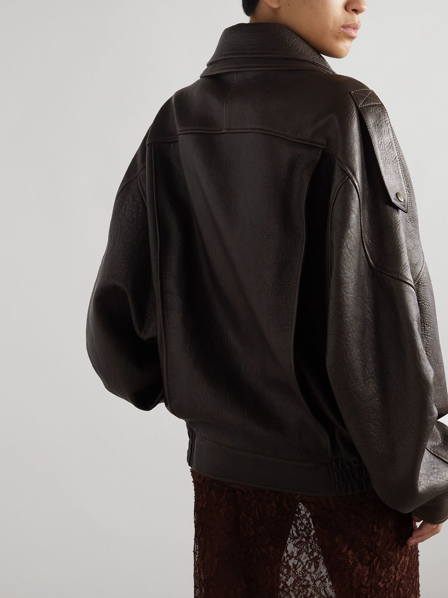 Oversized textured-leather jacket Dark brown - 4