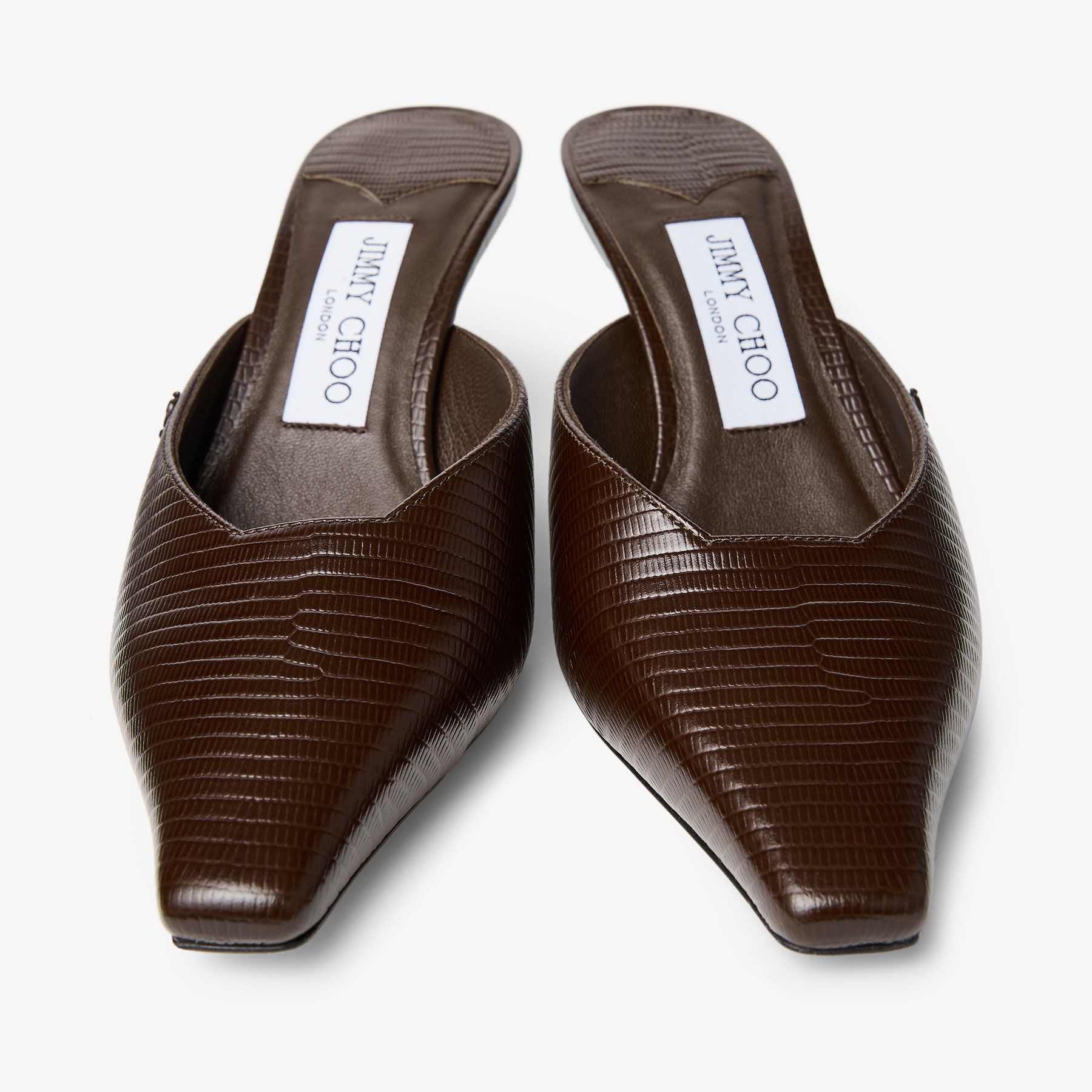 JIMMY CHOO Vivi 65 Coffee Lizard Printed Leather Mules