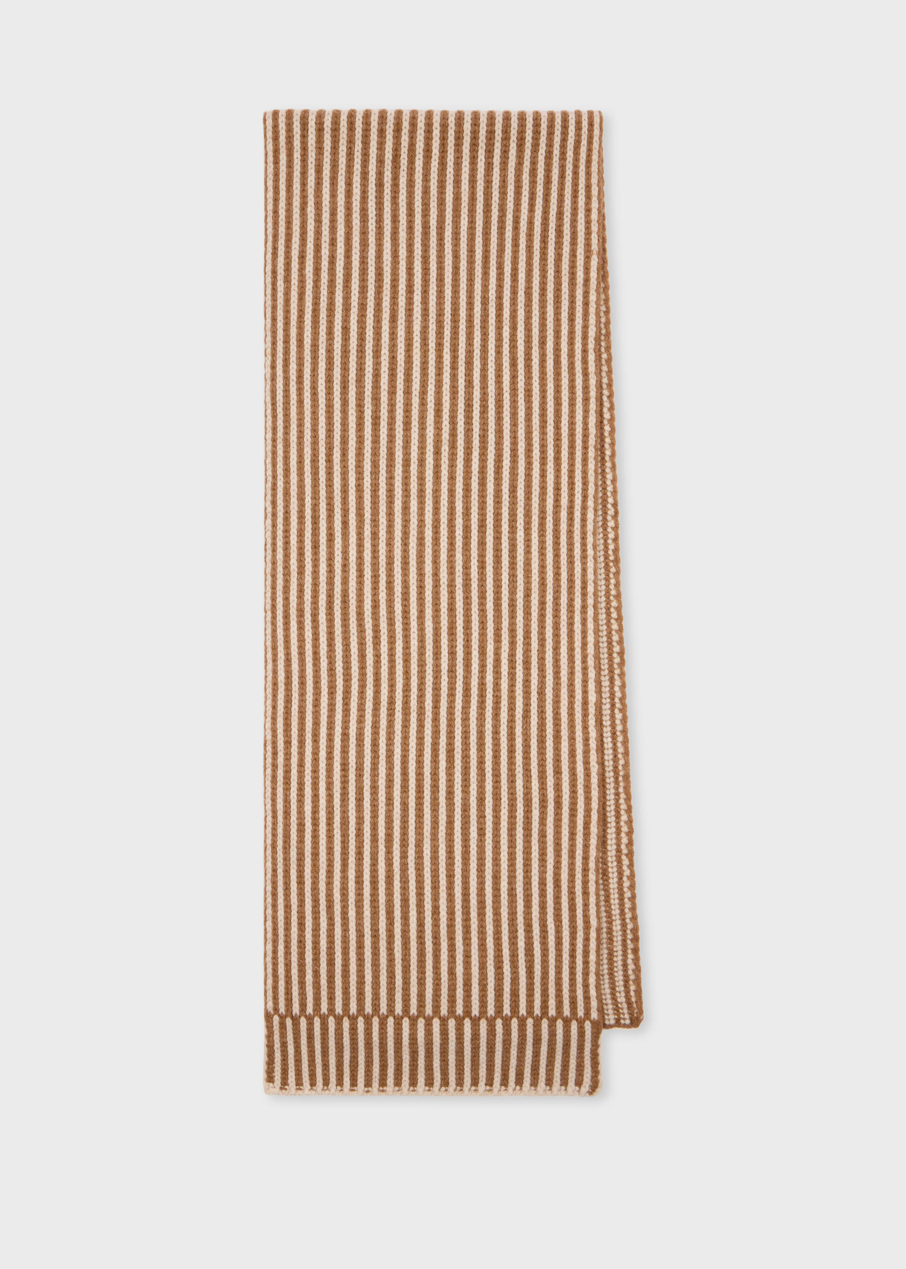 Women's Brown and Cream Lambswool Chunky Knit Ribbed Stripe Scarf - 1