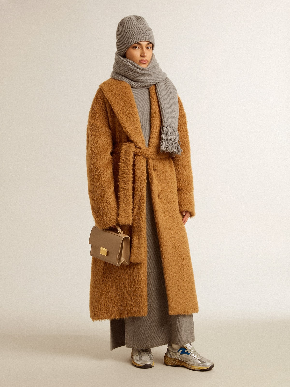 Gray melange ribbed woolen dress with high neck - 4