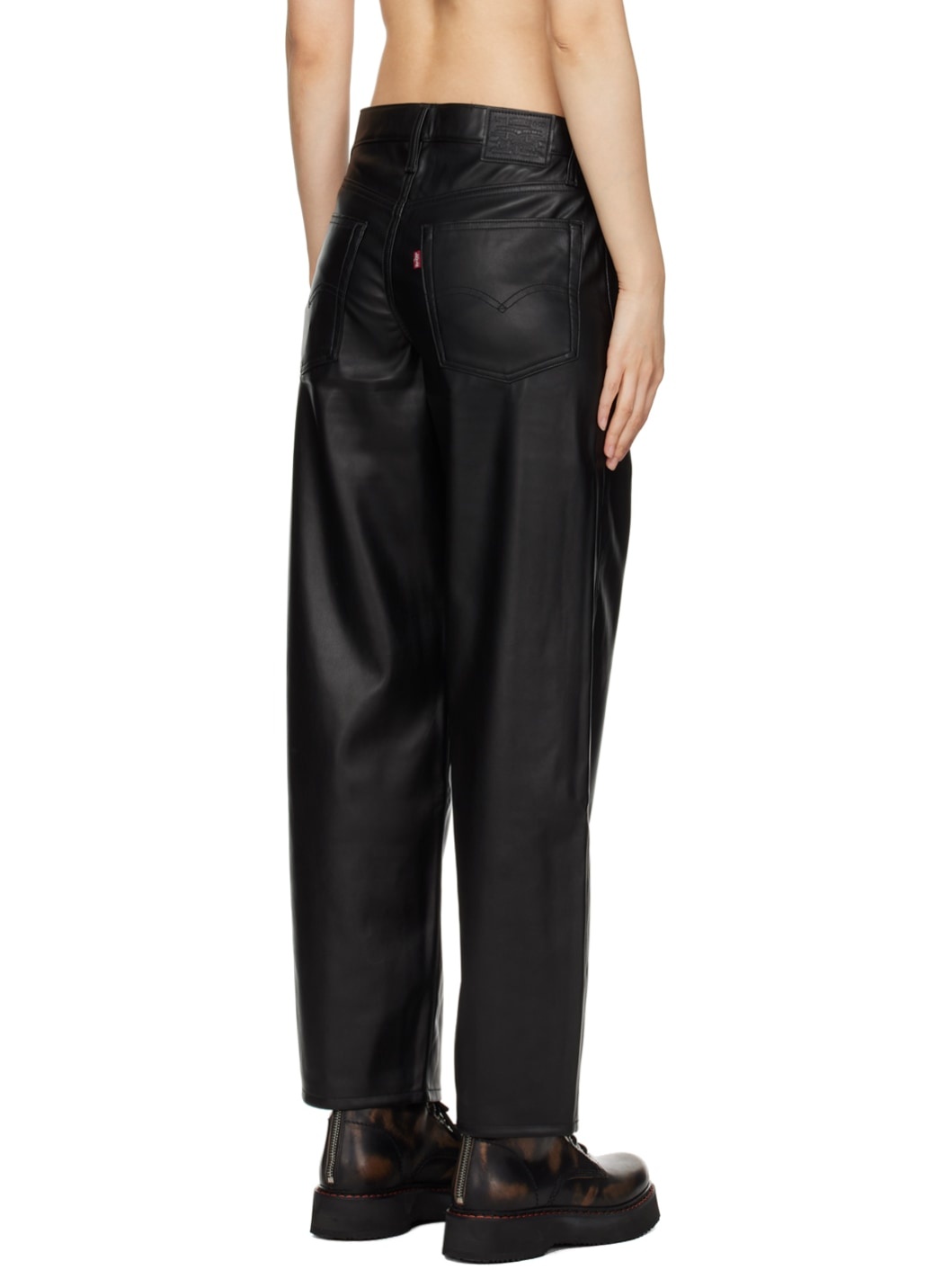 Black Baggy Dad Faux-Leather Trousers - 5