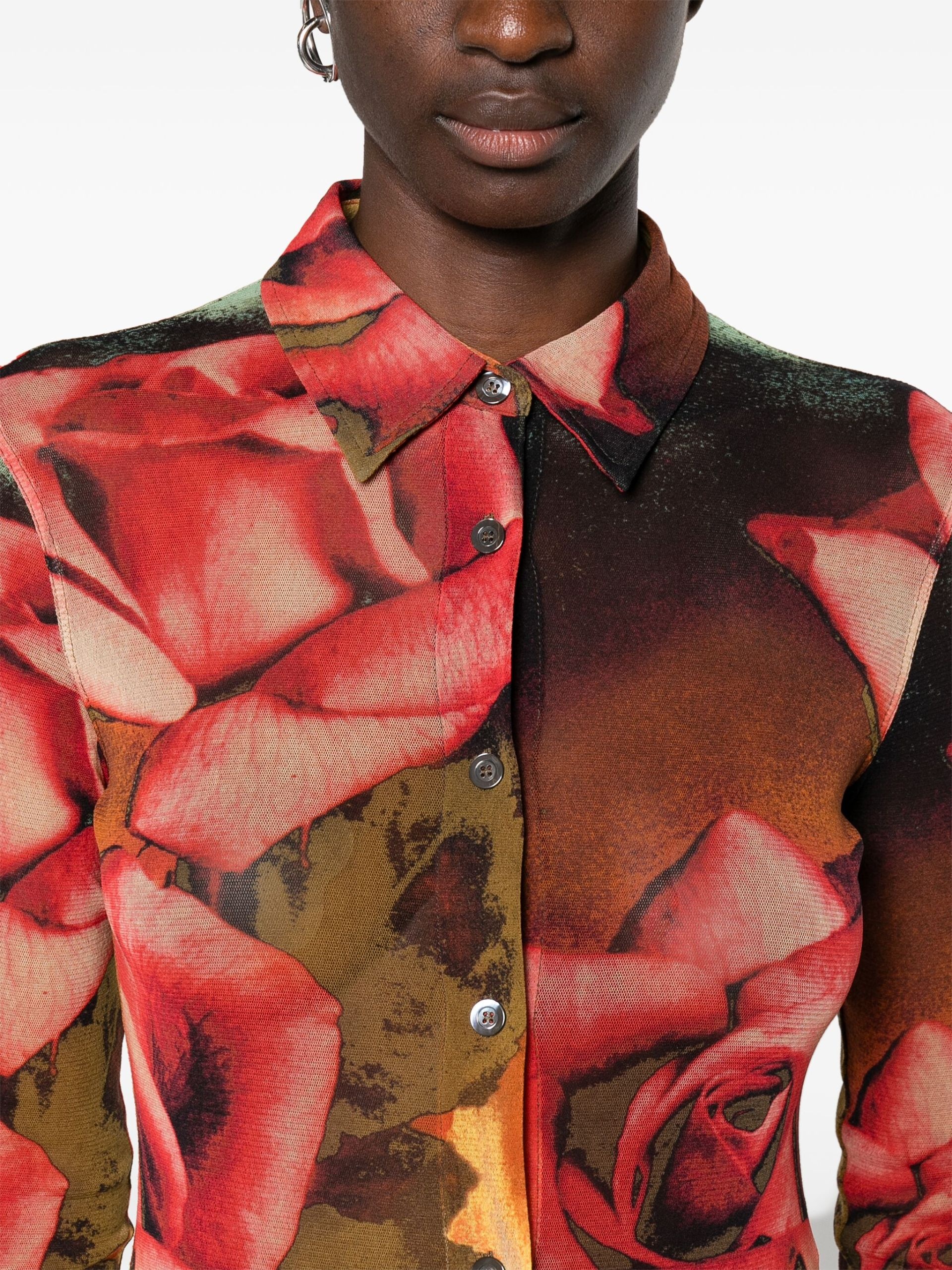 Red Rose-Print Mesh Shirt - 5