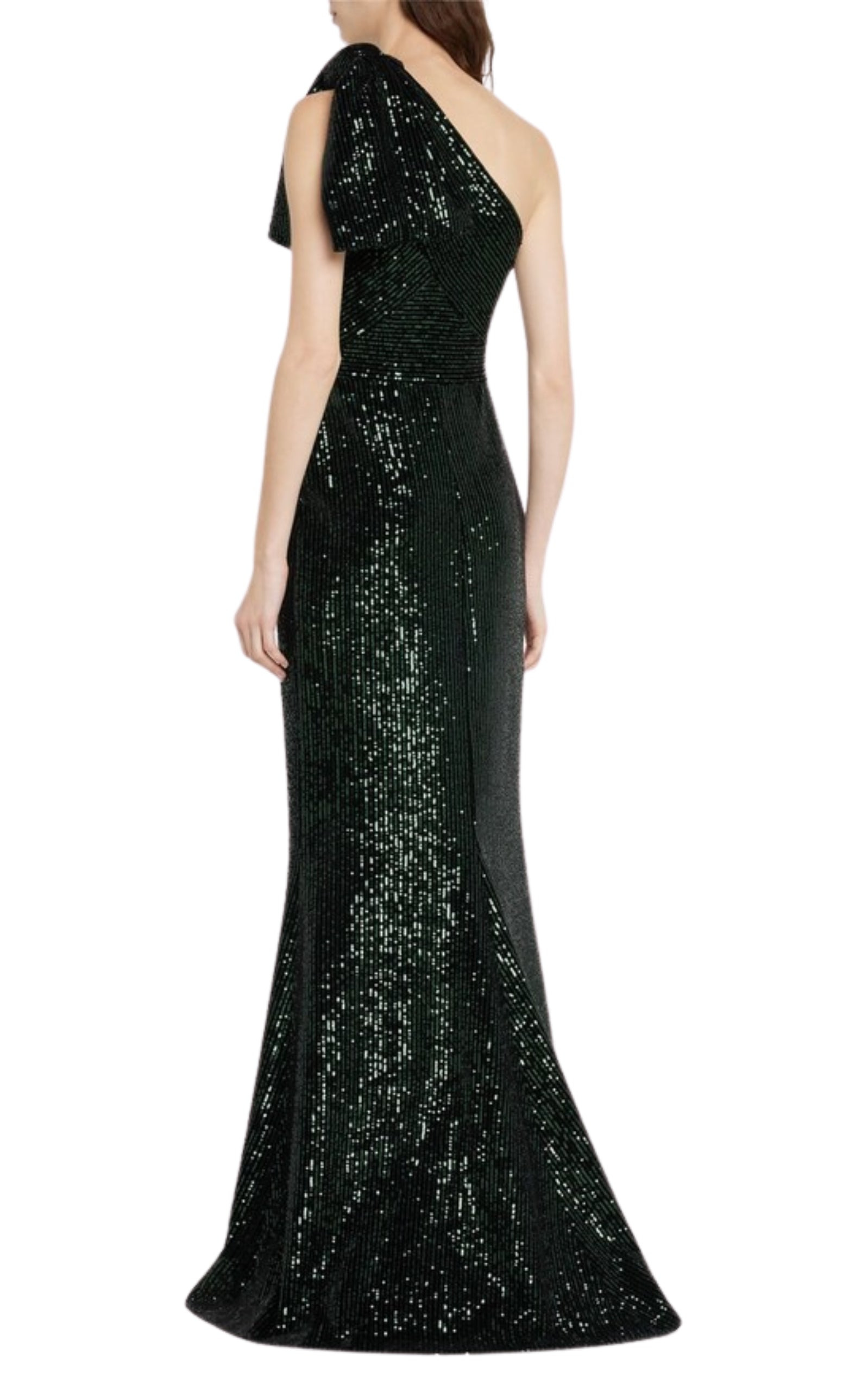 Green Sequinned Velvet One-Shoulder Dress - 3