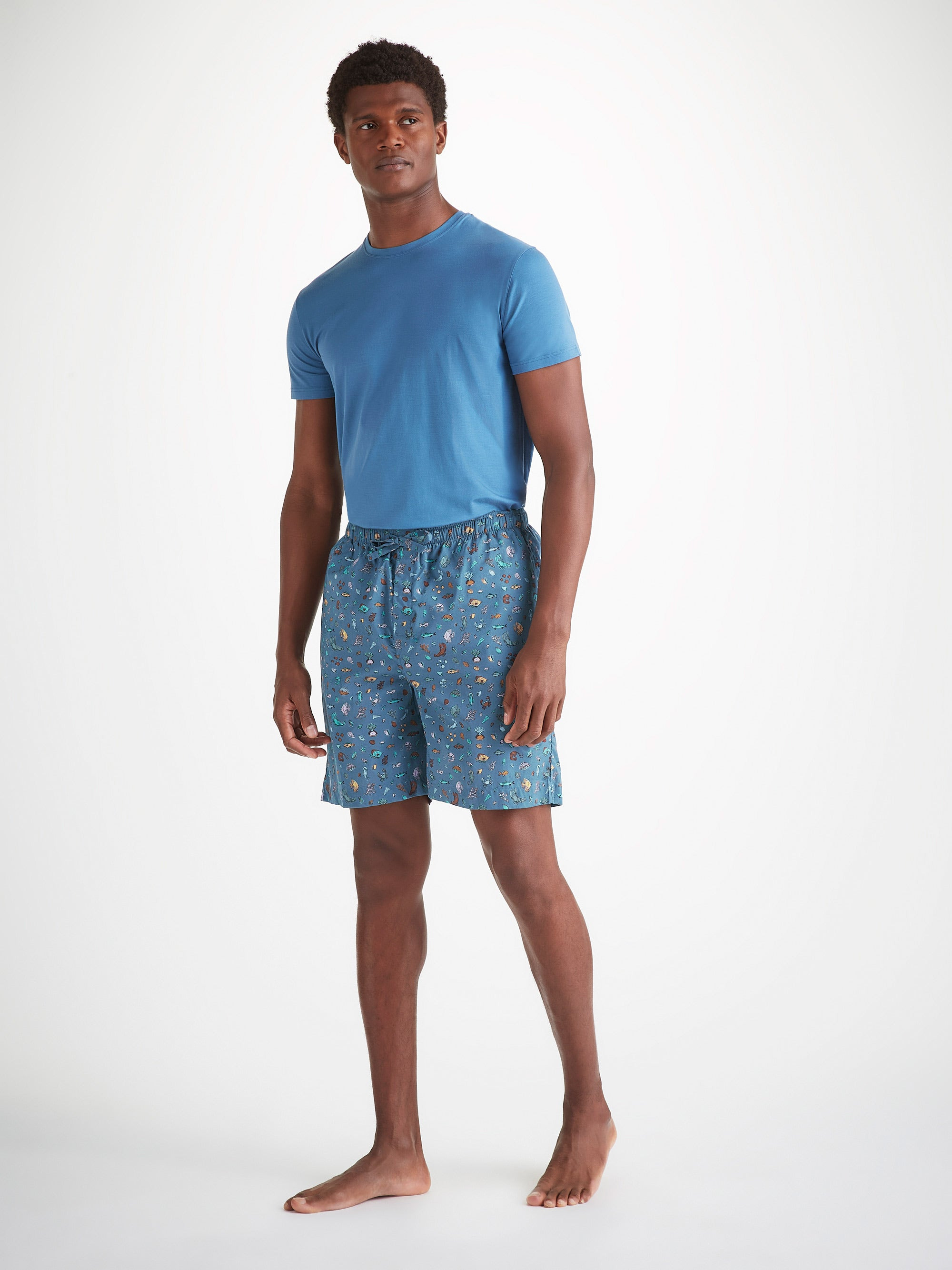 Men's Lounge Shorts Cotton Batiste Blue Sea Friends Print - 3