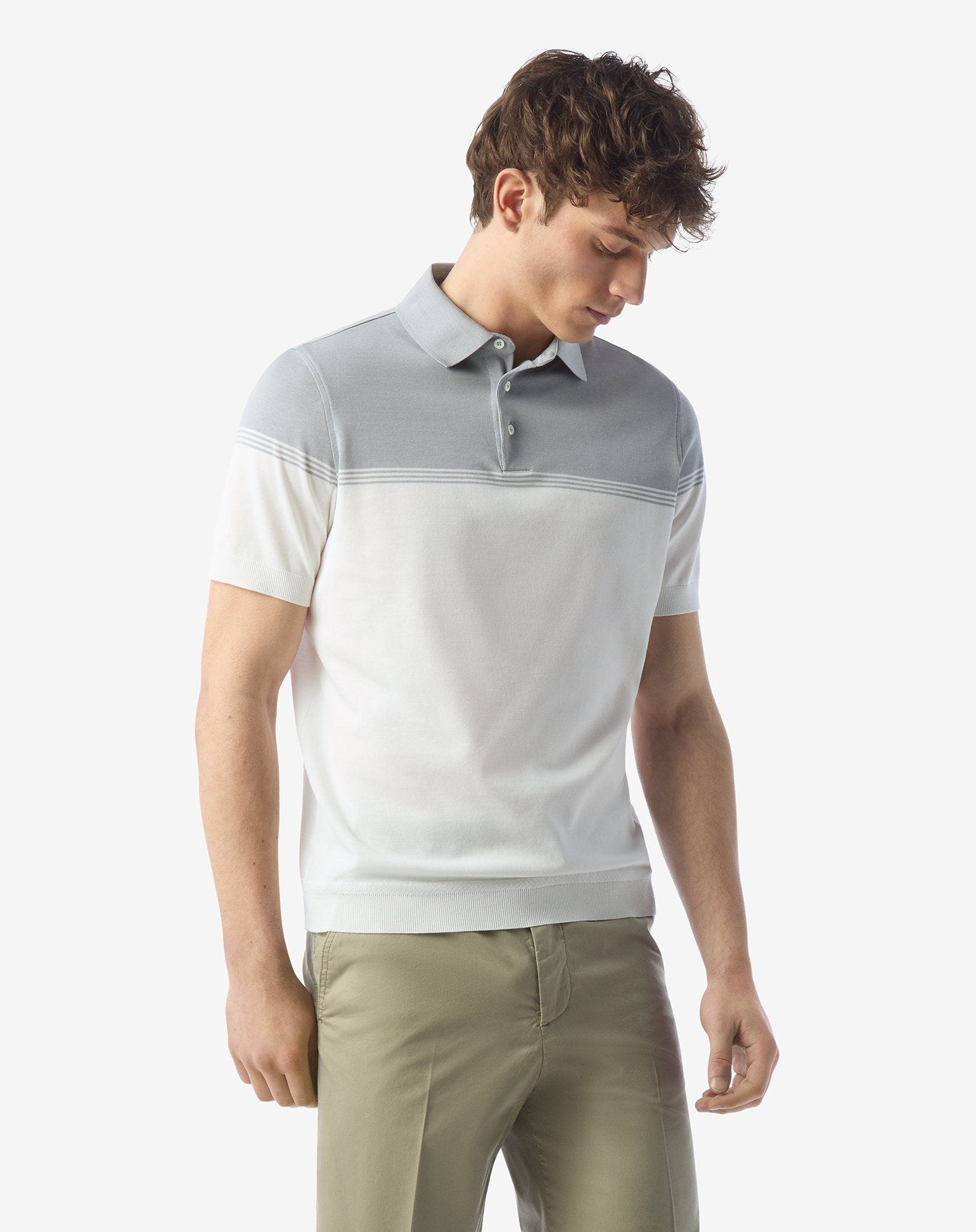 White/grey button-up lisle thread polo shirt - 2