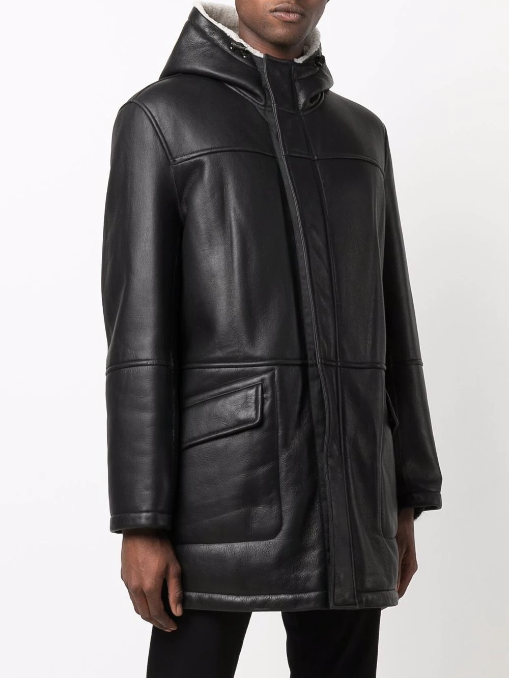 hooded shearling-trim leather coat - 3