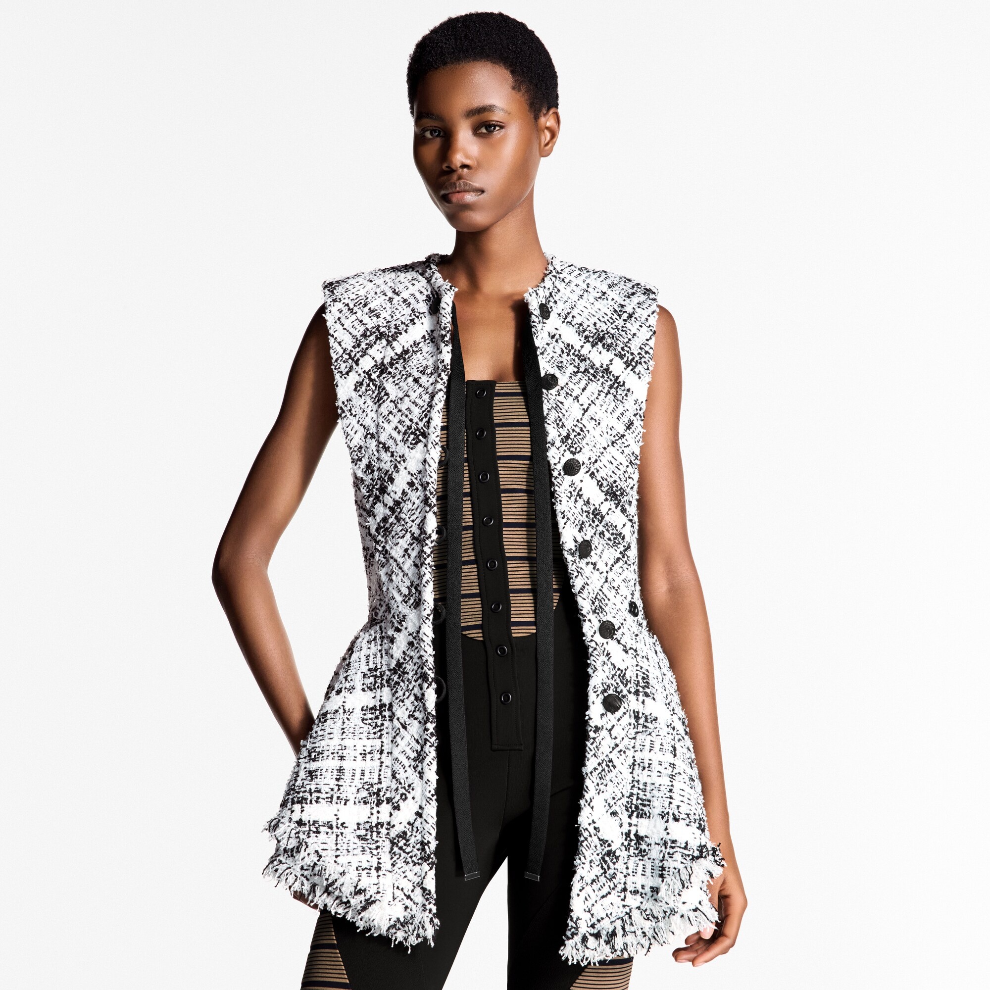 Sleeveless Graphic Tweed Flounce Jacket - 2