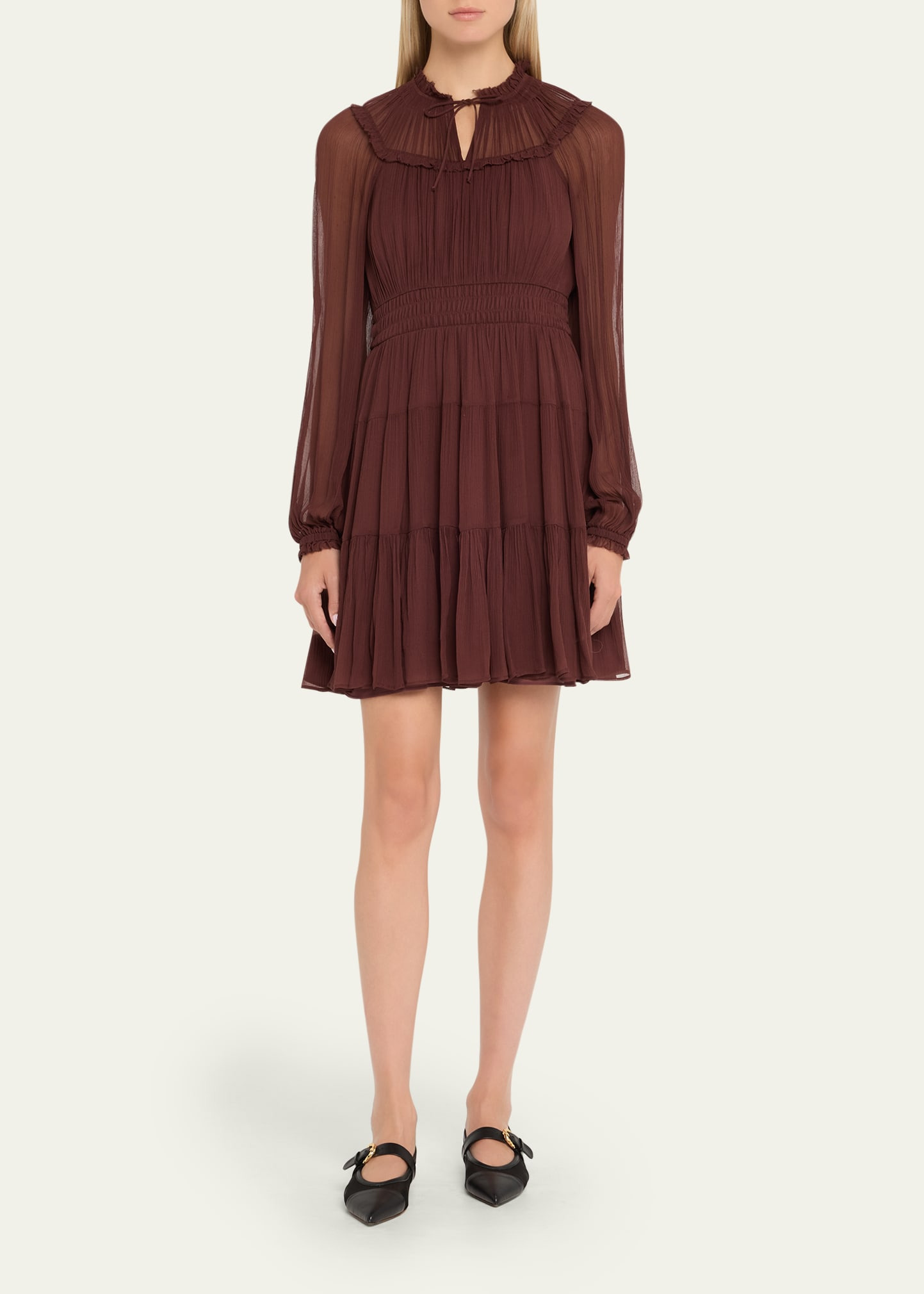 Ava Long-Sleeve Tiered Silk Mini Dress - 2