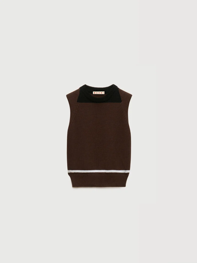 BROWN COTTON VEST WITH CONTRAST NECK - 1