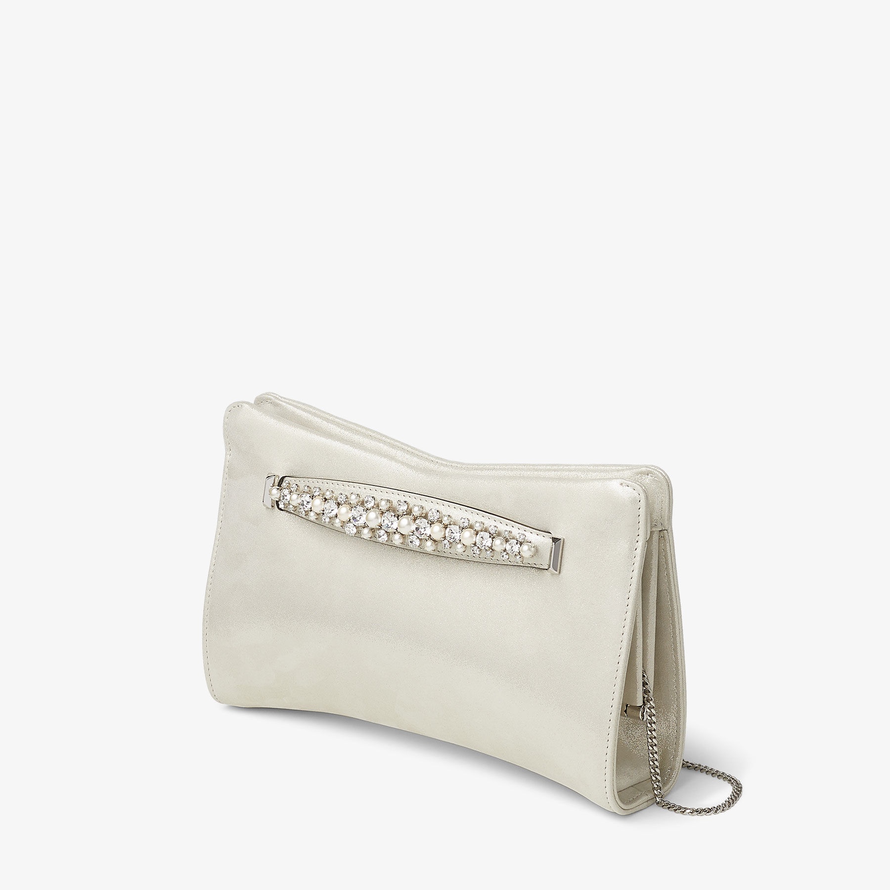 Venus
Champagne Shimmer Suede Clutch Bag with Pearl and Crystal Bracelet Handle - 5