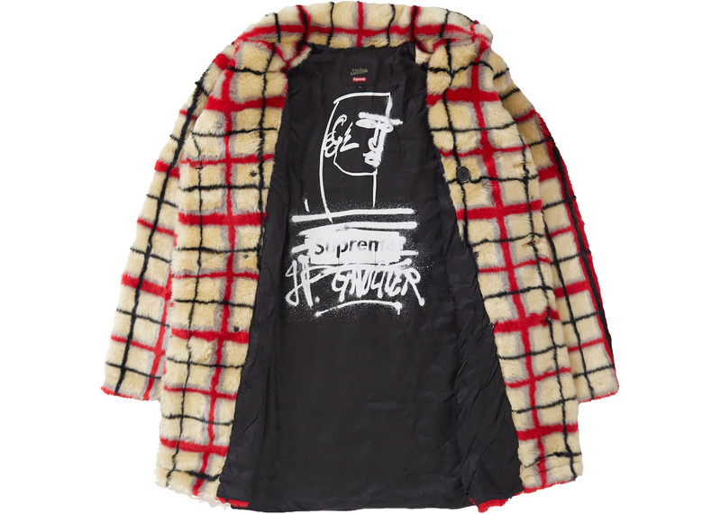 Supreme Supreme Jean Paul Gaultier Double Breasted Plaid Faux Fur Coat OffWhite outlook