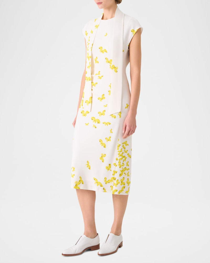 Butterfly-Print Viscose Crepon Ruched Midi Dress With Scarf 4